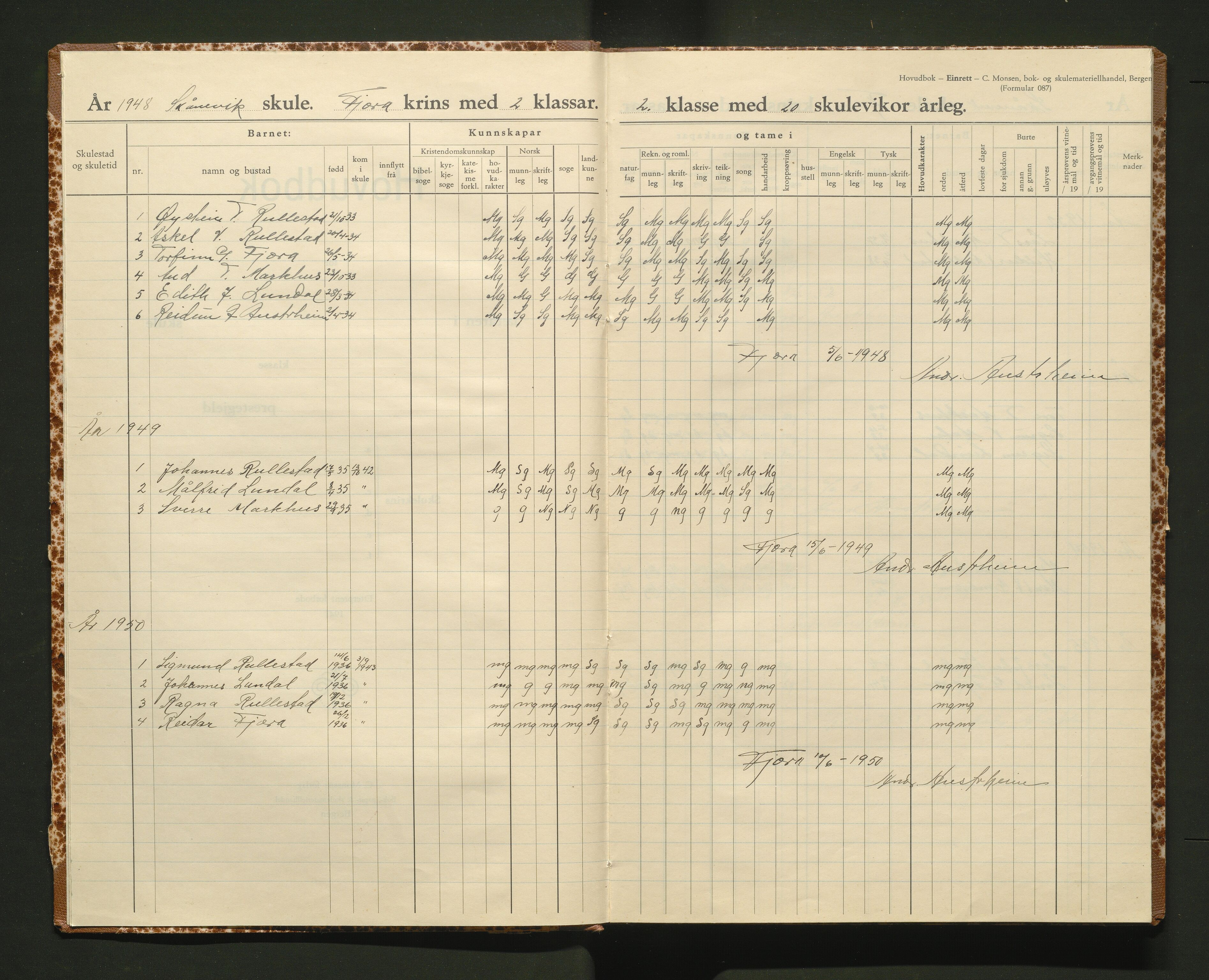 Etne kommune. Barneskulane, IKAH/1211-231/F/Fg/L0001: Skuleprotokoll for Fjæra skulekrins , 1948-1966