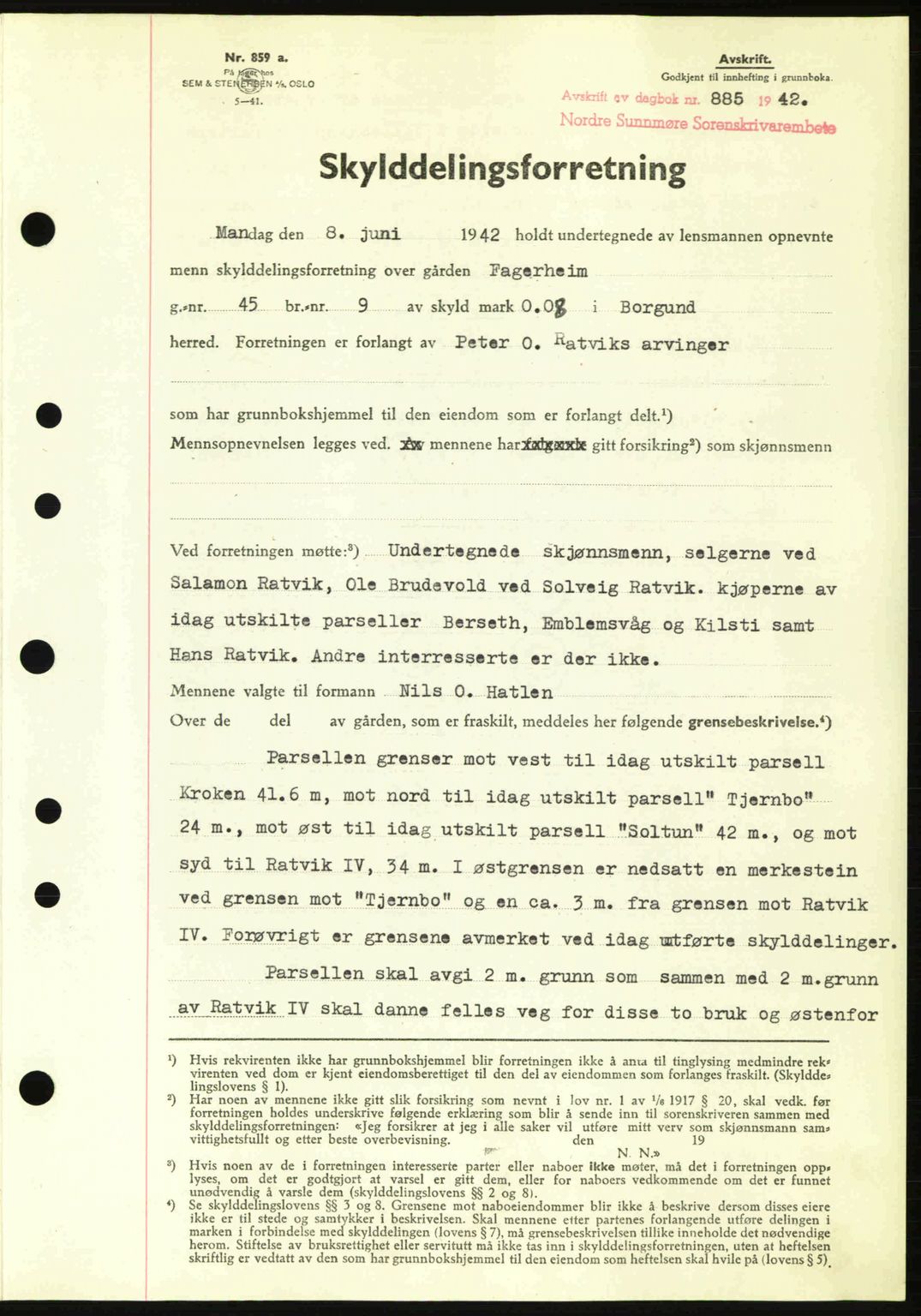 Nordre Sunnmøre sorenskriveri, SAT/A-0006/1/2/2C/2Ca: Pantebok nr. A13, 1942-1942, Dagboknr: 885/1942