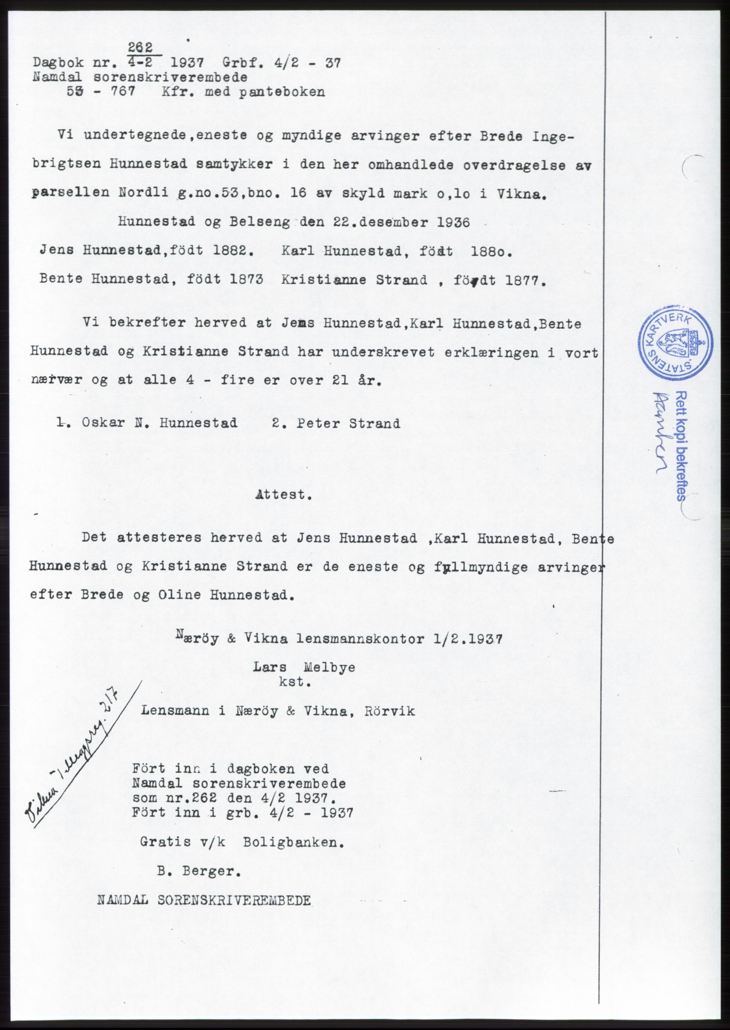 Namdal sorenskriveri, SAT/A-4133/1/2/2C: Pantebok nr. -, 1937-1939, Tingl.dato: 04.02.1937