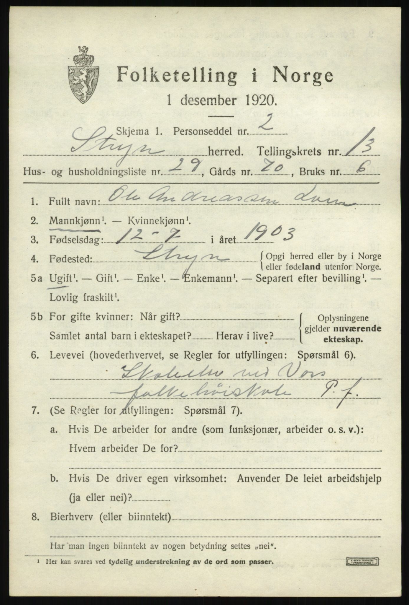 SAB, Folketelling 1920 for 1448 Stryn herred, 1920, s. 6020