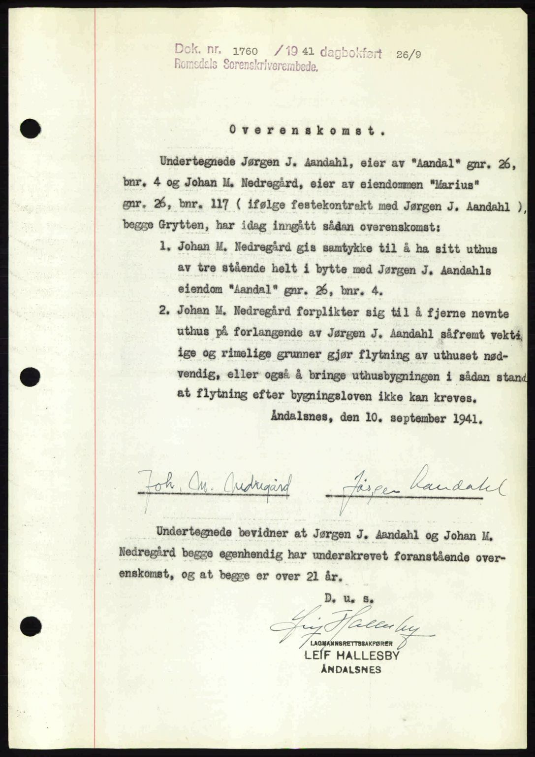 Romsdal sorenskriveri, AV/SAT-A-4149/1/2/2C: Pantebok nr. A10, 1941-1941, Dagboknr: 1760/1941