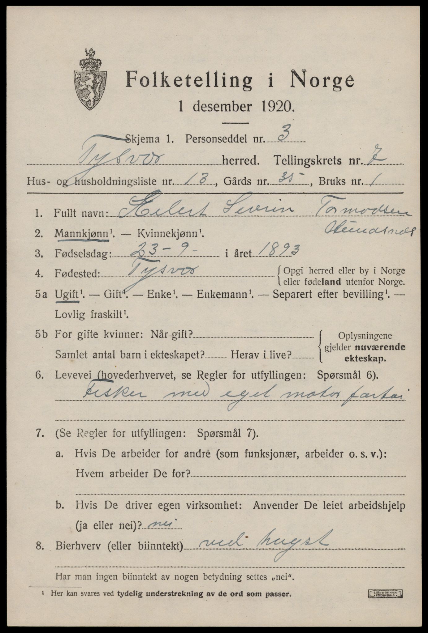 SAST, Folketelling 1920 for 1146 Tysvær herred, 1920, s. 2538