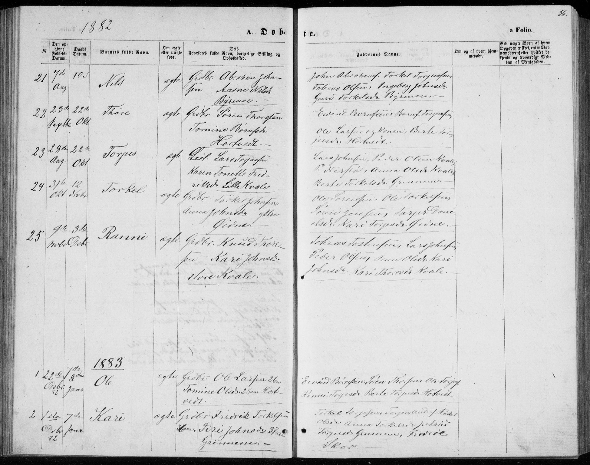 Bjelland sokneprestkontor, AV/SAK-1111-0005/F/Fb/Fbc/L0002: Klokkerbok nr. B 2, 1867-1887, s. 56