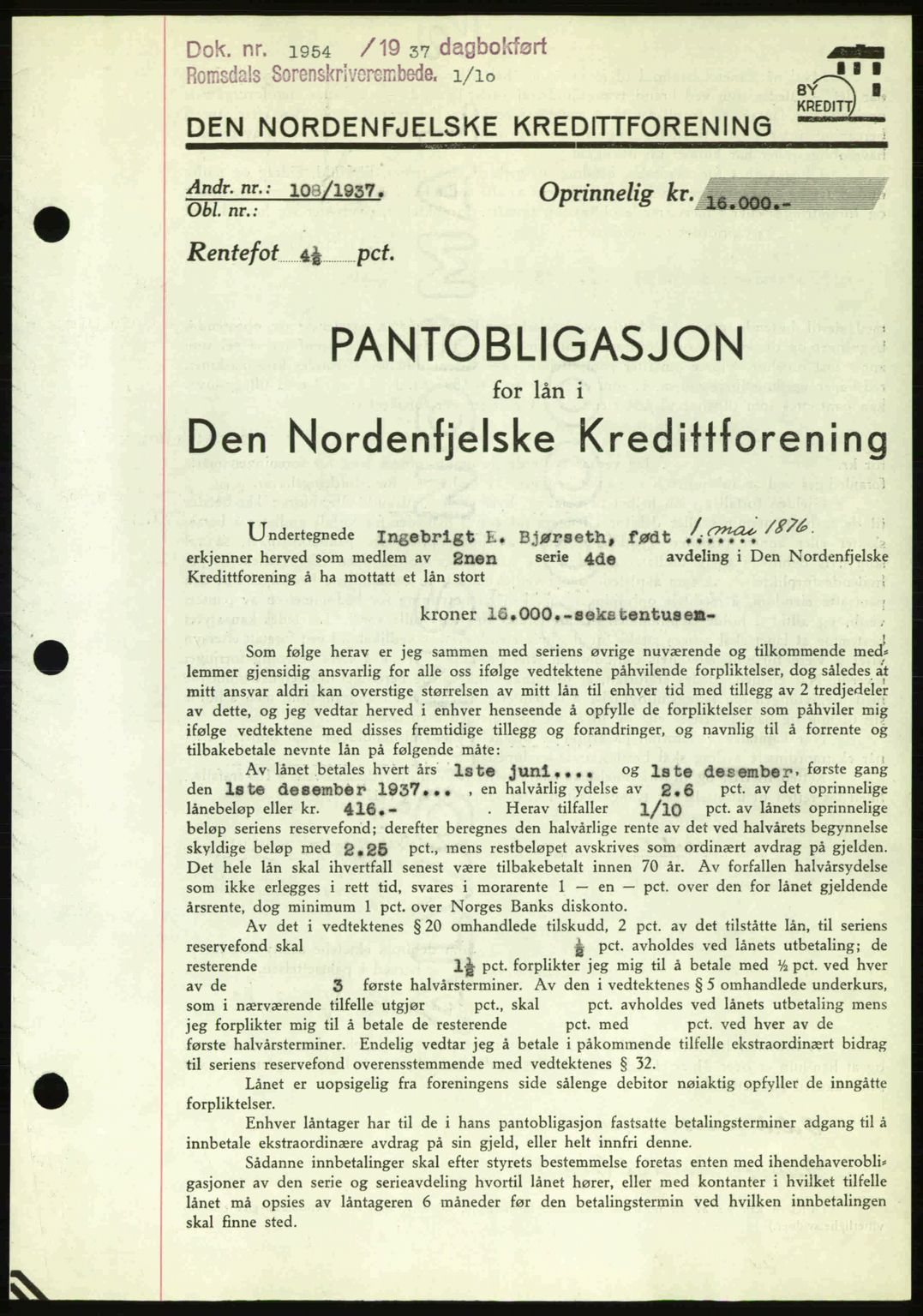 Romsdal sorenskriveri, SAT/A-4149/1/2/2C: Pantebok nr. B1, 1936-1939, Dagboknr: 1954/1937