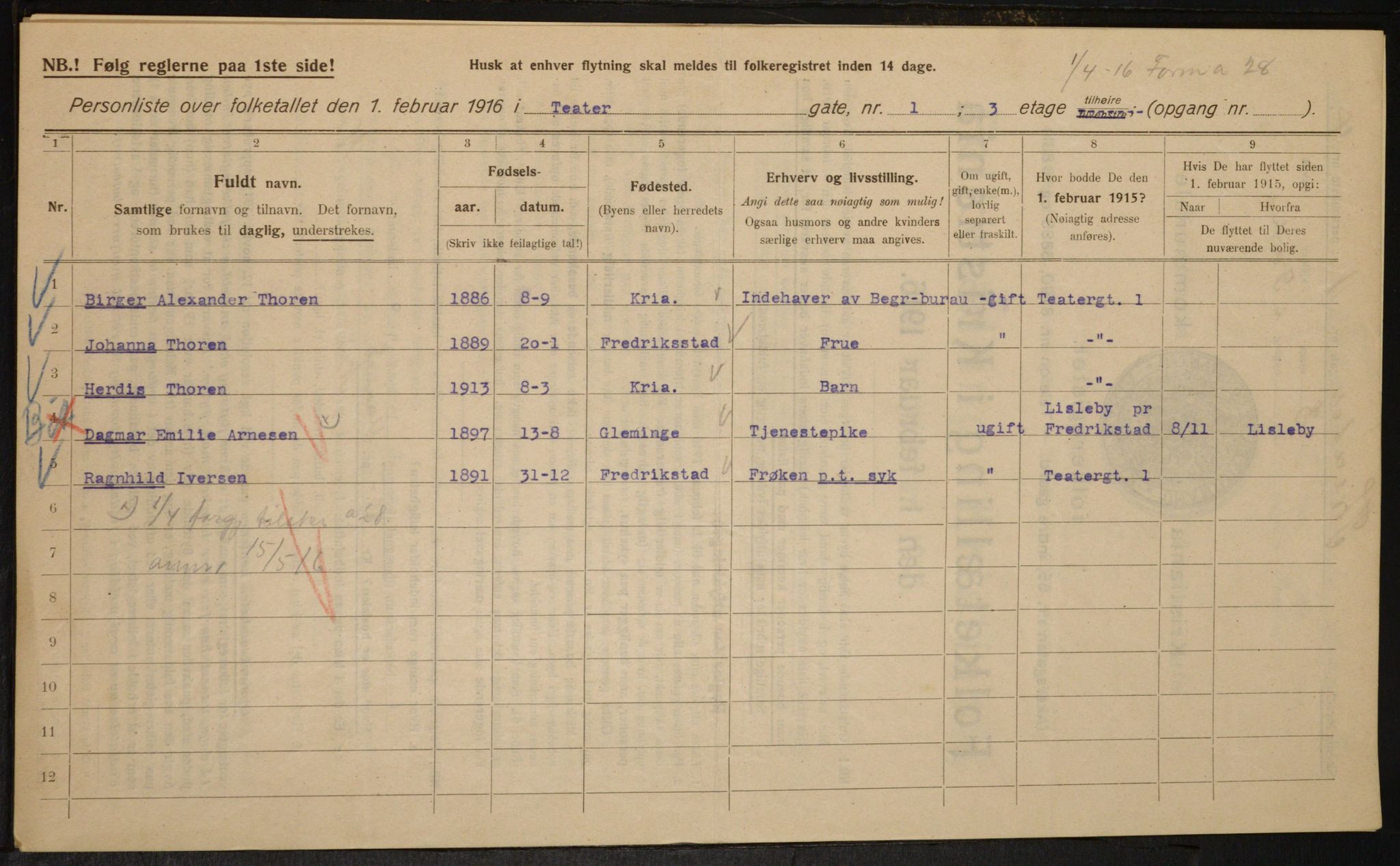 OBA, Kommunal folketelling 1.2.1916 for Kristiania, 1916, s. 110031