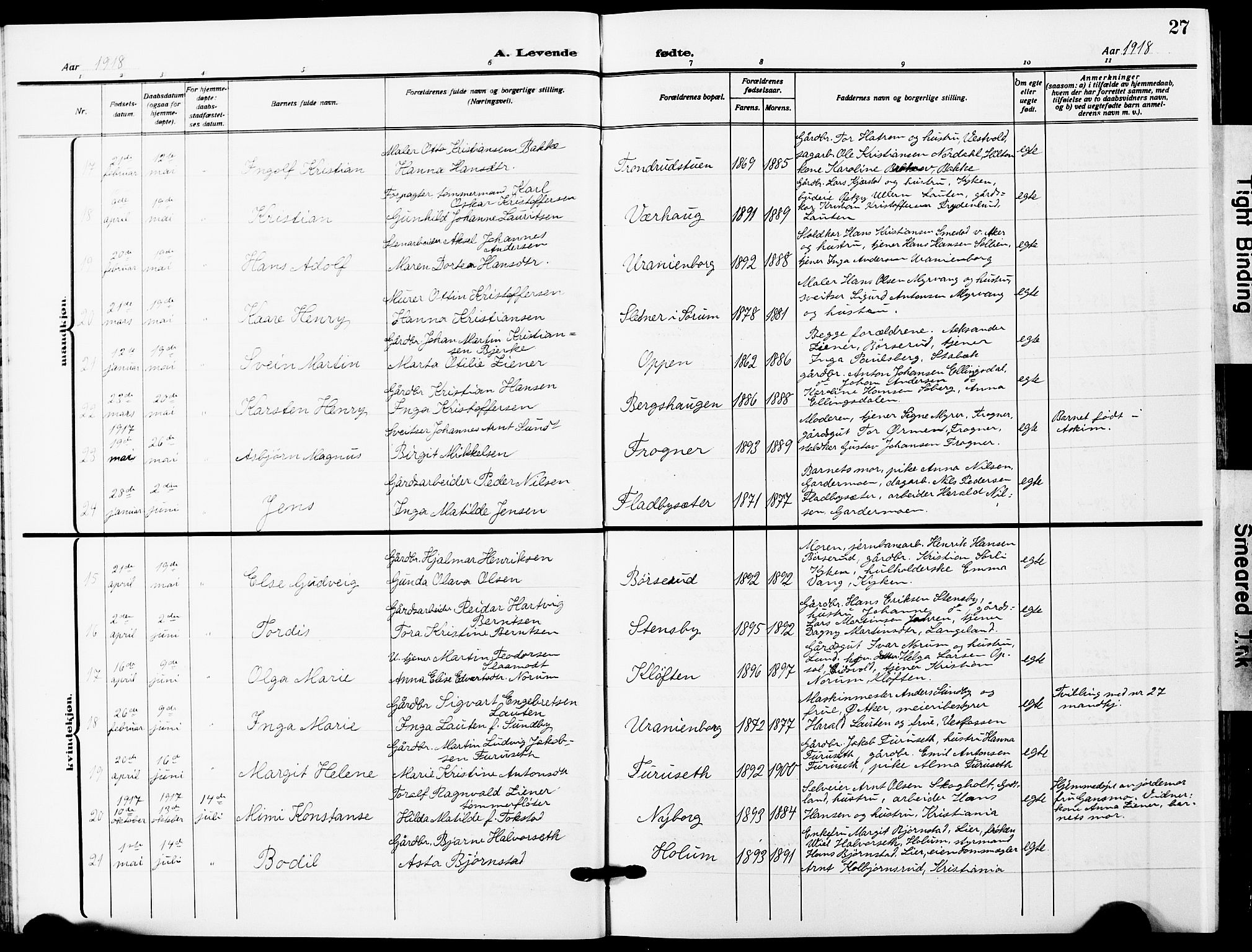 Ullensaker prestekontor Kirkebøker, AV/SAO-A-10236a/G/Ga/L0003: Klokkerbok nr. I 3, 1914-1929, s. 27