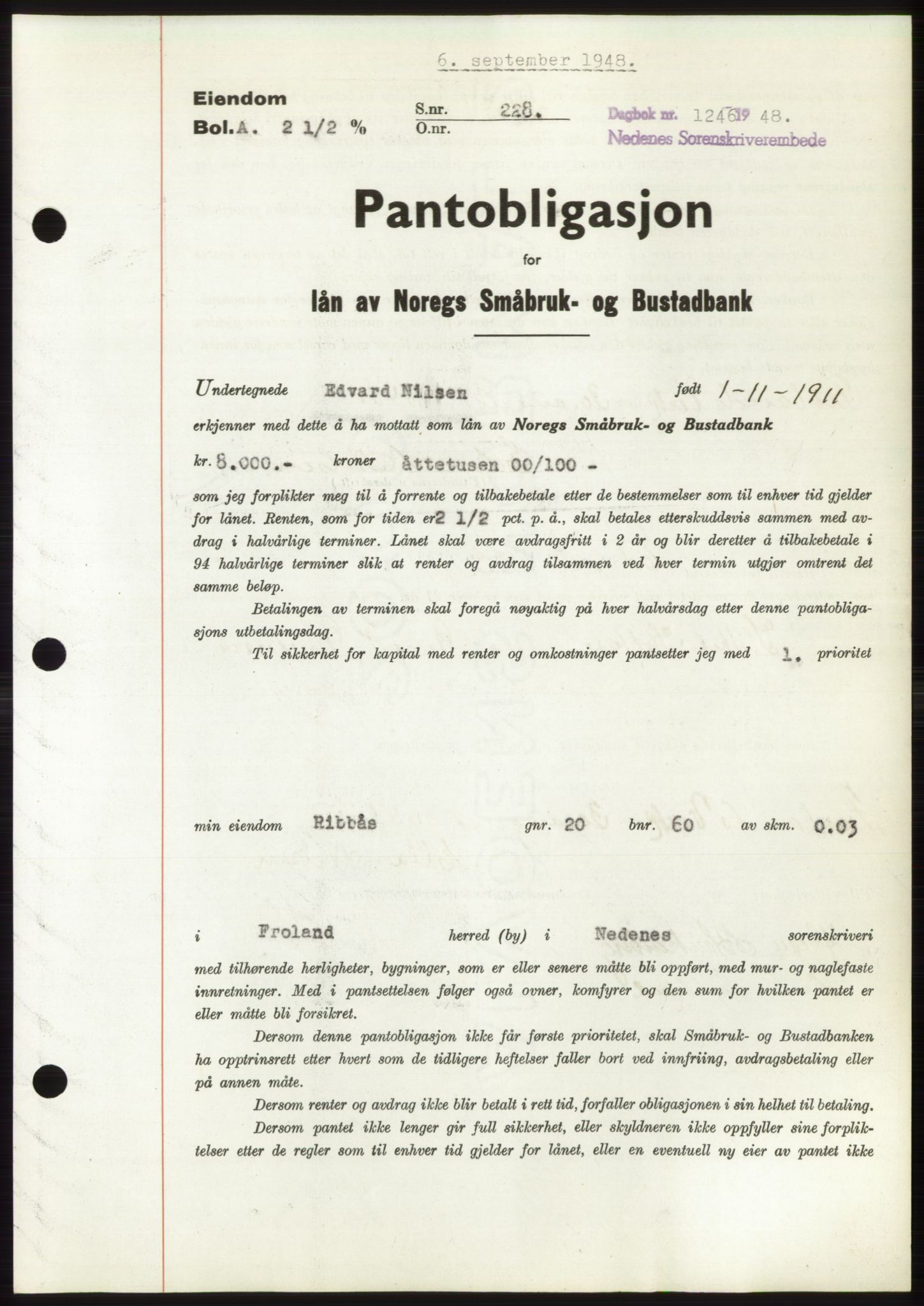 Nedenes sorenskriveri, AV/SAK-1221-0006/G/Gb/Gbb/L0005: Pantebok nr. B5, 1948-1948, Dagboknr: 1246/1948