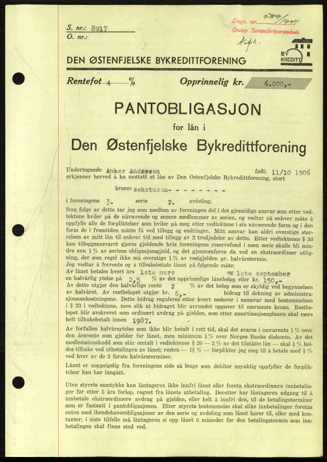Onsøy sorenskriveri, SAO/A-10474/G/Ga/Gac/L0003: Pantebok nr. B3, 1940-1944, Dagboknr: 589/1941