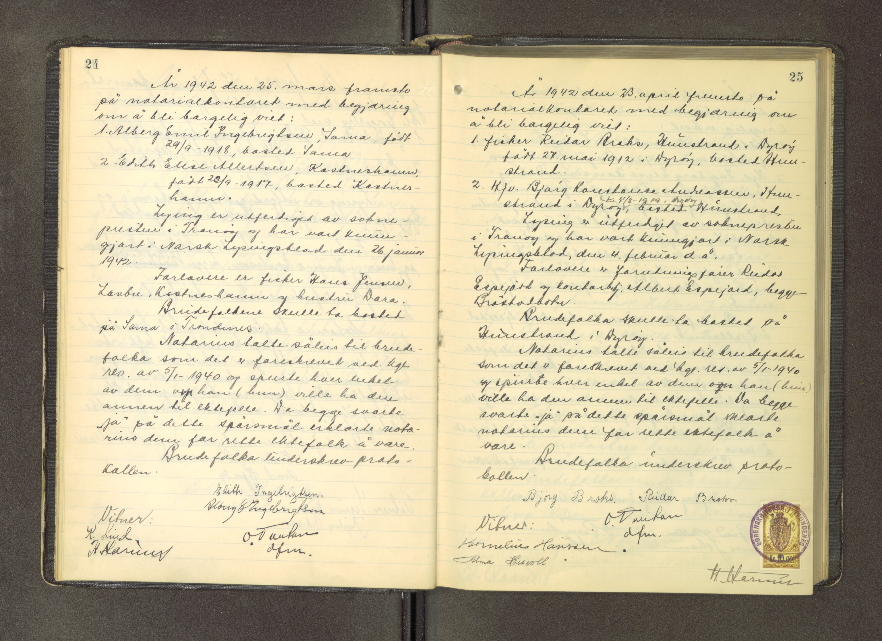 Trondenes sorenskriveri, AV/SATØ-S-0049/1/Lc/L0656: Vigselsprotokoller. Inneholder også bilbrev 21.10.1948 - 15.11.1958 (s. 181-197), 1939-1943, s. 24-25