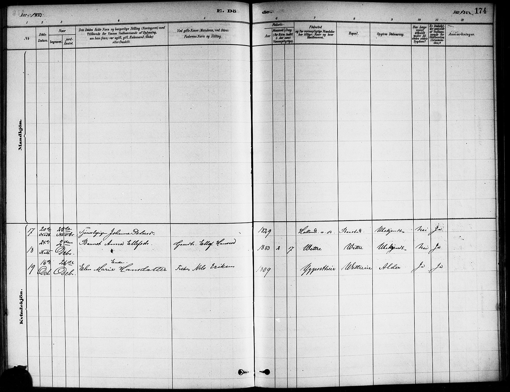 Asker prestekontor Kirkebøker, SAO/A-10256a/F/Fa/L0013: Ministerialbok nr. I 13, 1879-1896, s. 174