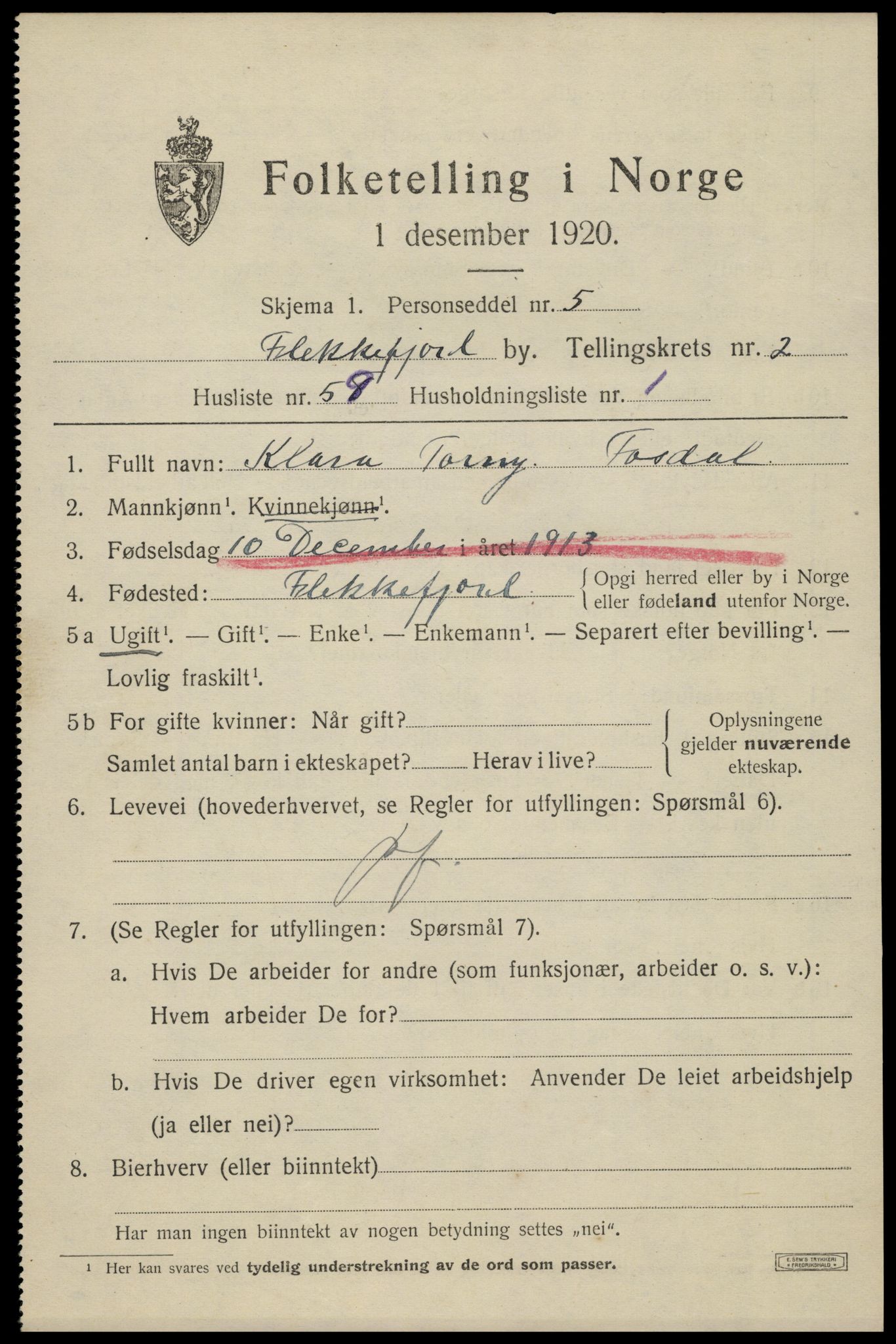 SAK, Folketelling 1920 for 1004 Flekkefjord kjøpstad, 1920, s. 3202