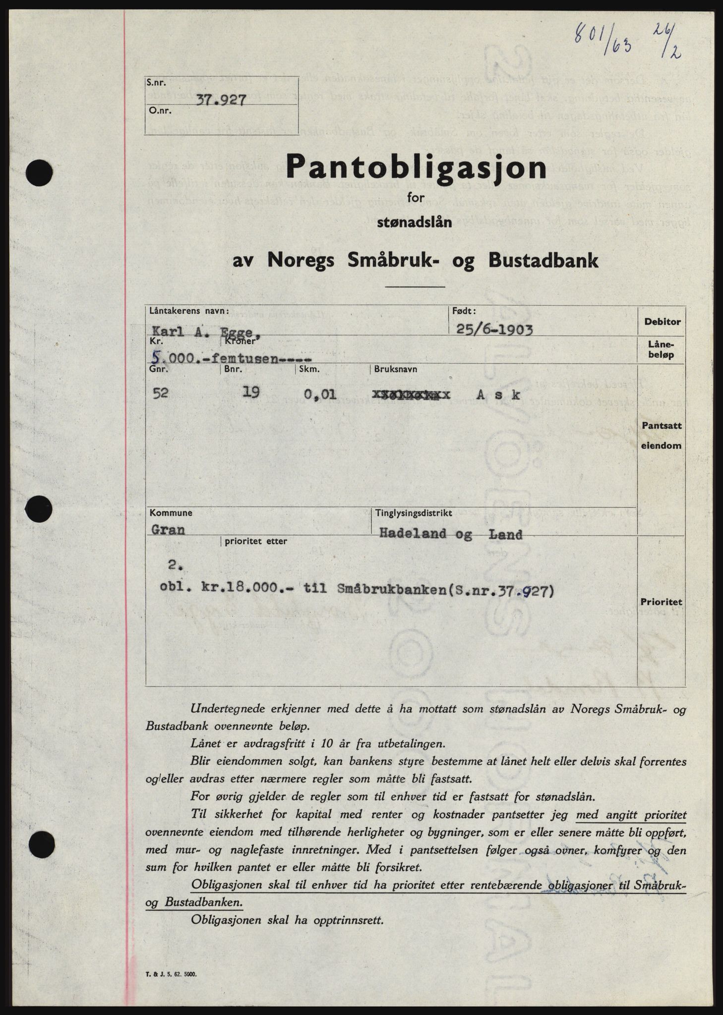 Hadeland og Land tingrett, SAH/TING-010/H/Hb/Hbc/L0050: Pantebok nr. B50, 1962-1963, Dagboknr: 801/1963