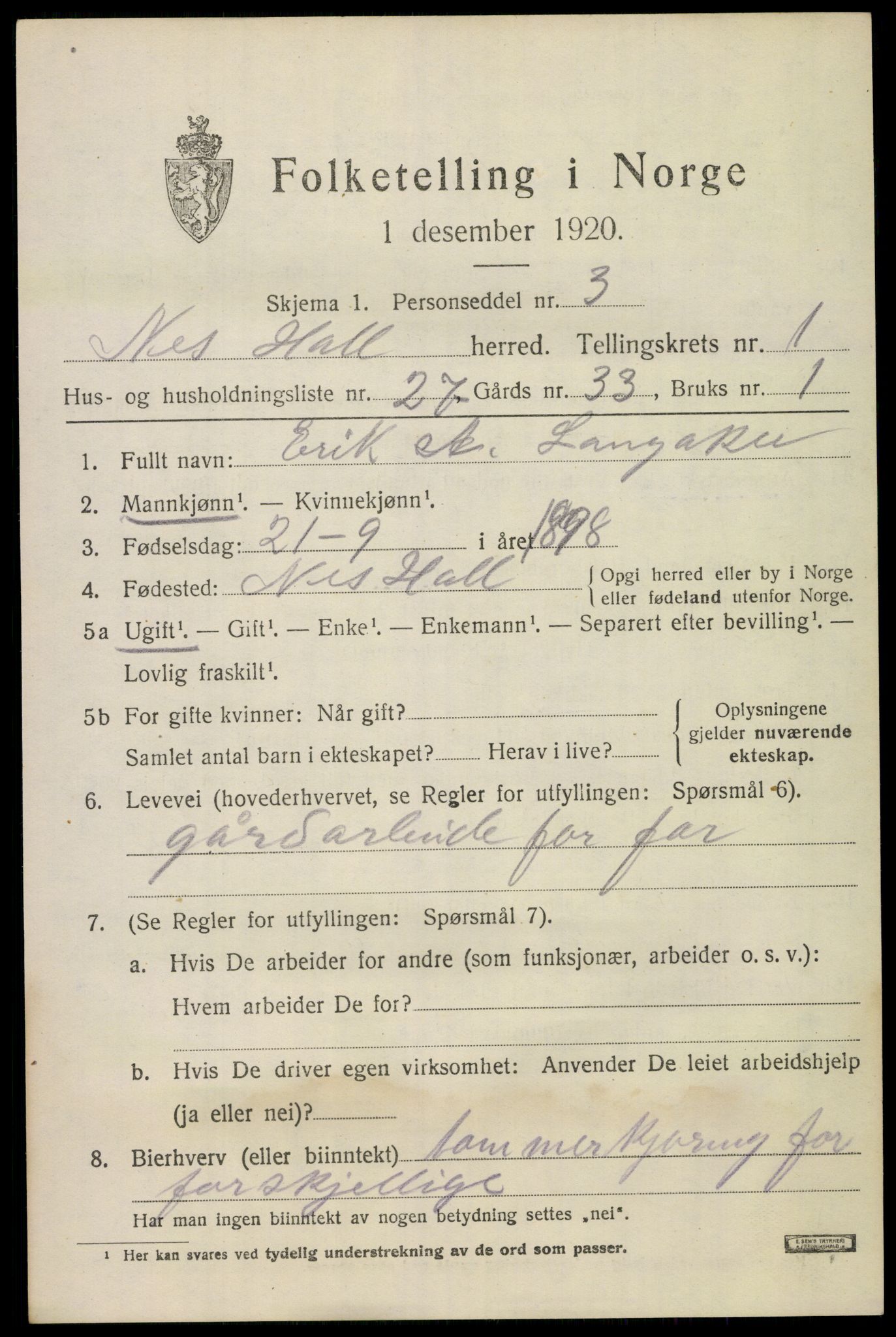 SAKO, Folketelling 1920 for 0616 Nes herred, 1920, s. 1264