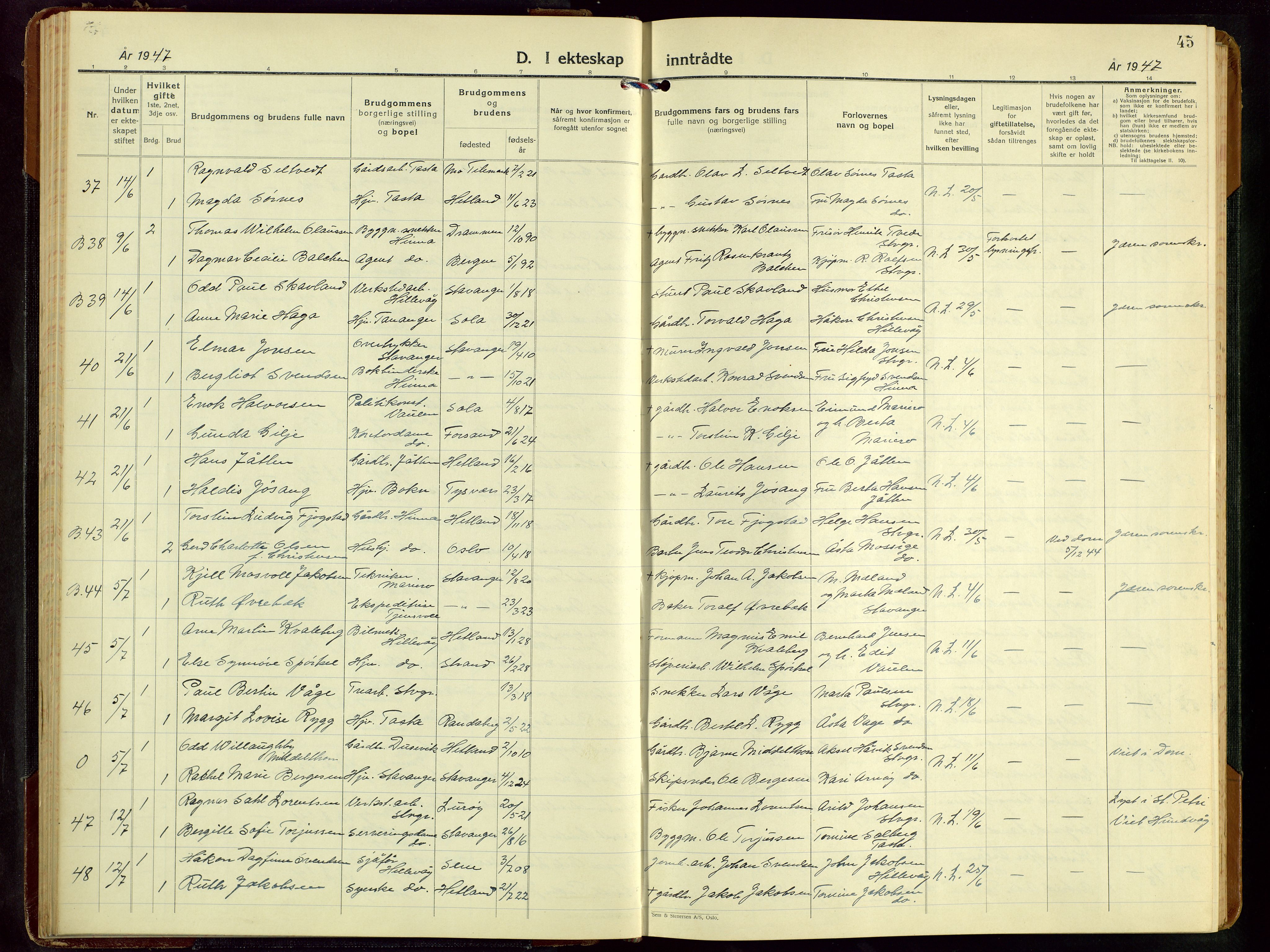 Hetland sokneprestkontor, AV/SAST-A-101826/30/30BB/L0016: Klokkerbok nr. B 16, 1942-1960, s. 45