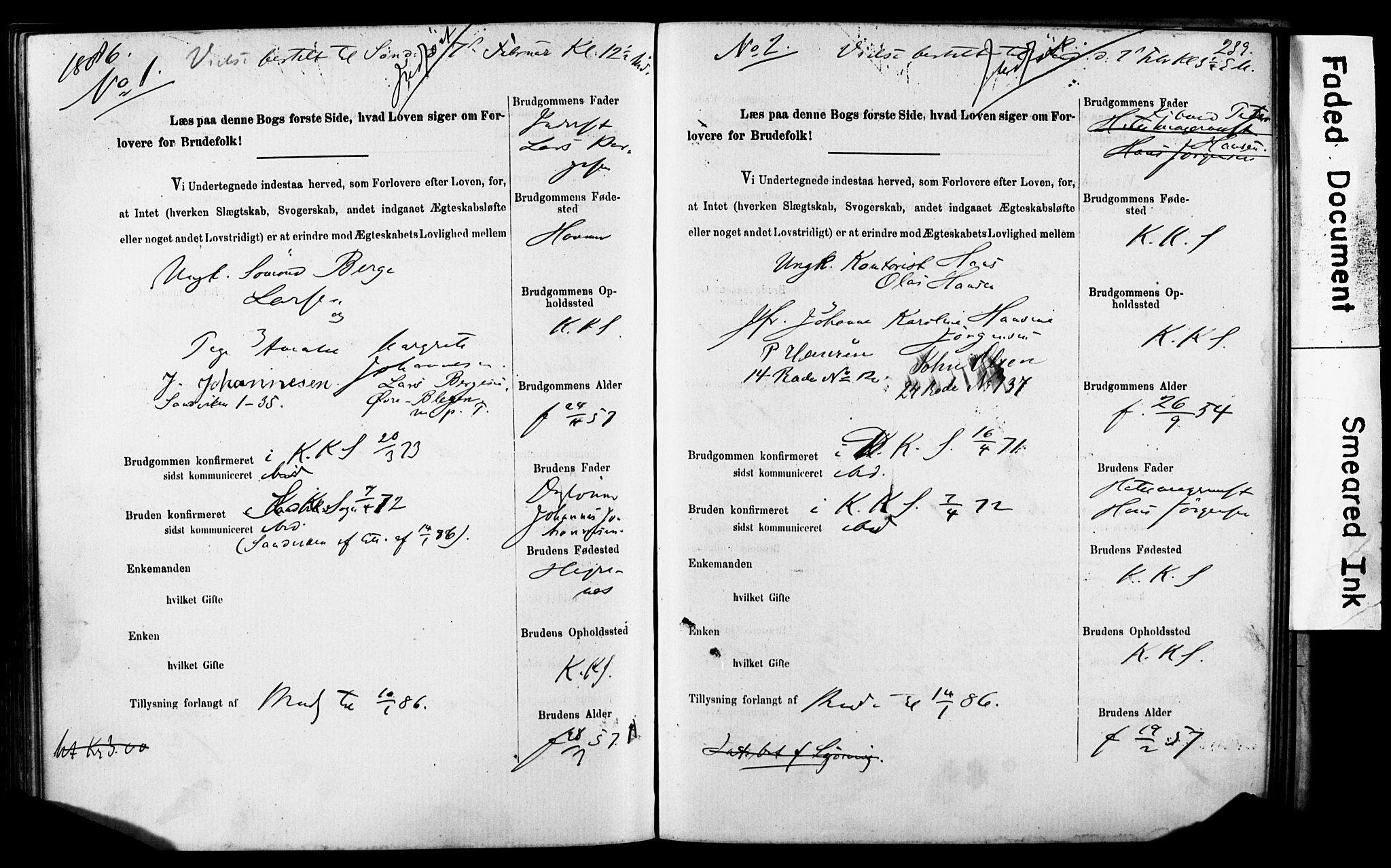 Korskirken sokneprestembete, SAB/A-76101: Forlovererklæringer nr. II.5.5, 1878-1889, s. 239
