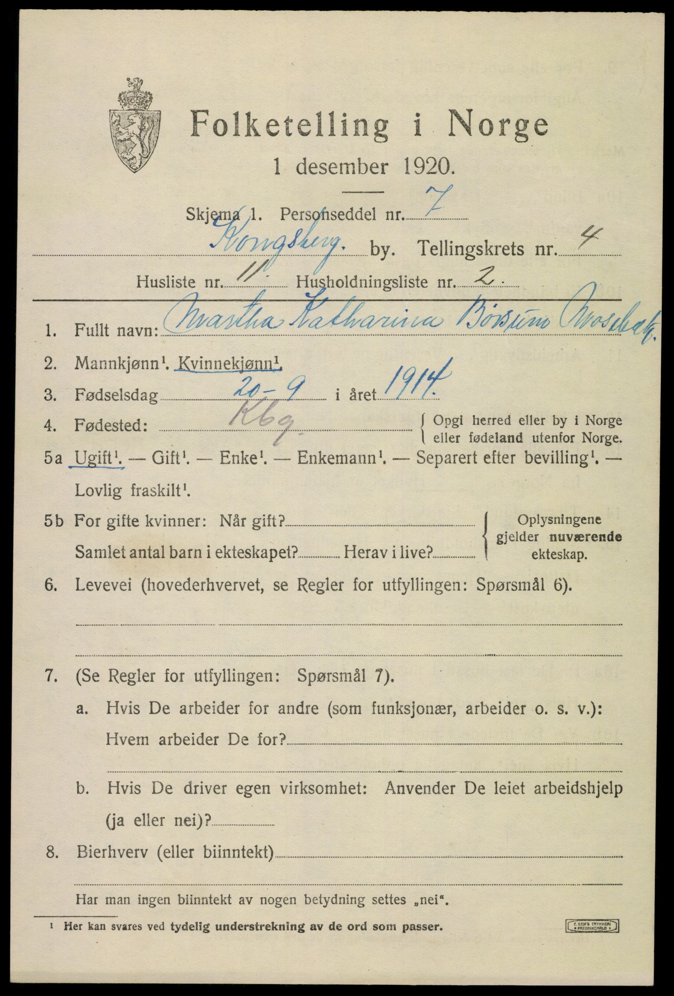 SAKO, Folketelling 1920 for 0604 Kongsberg kjøpstad, 1920, s. 11130