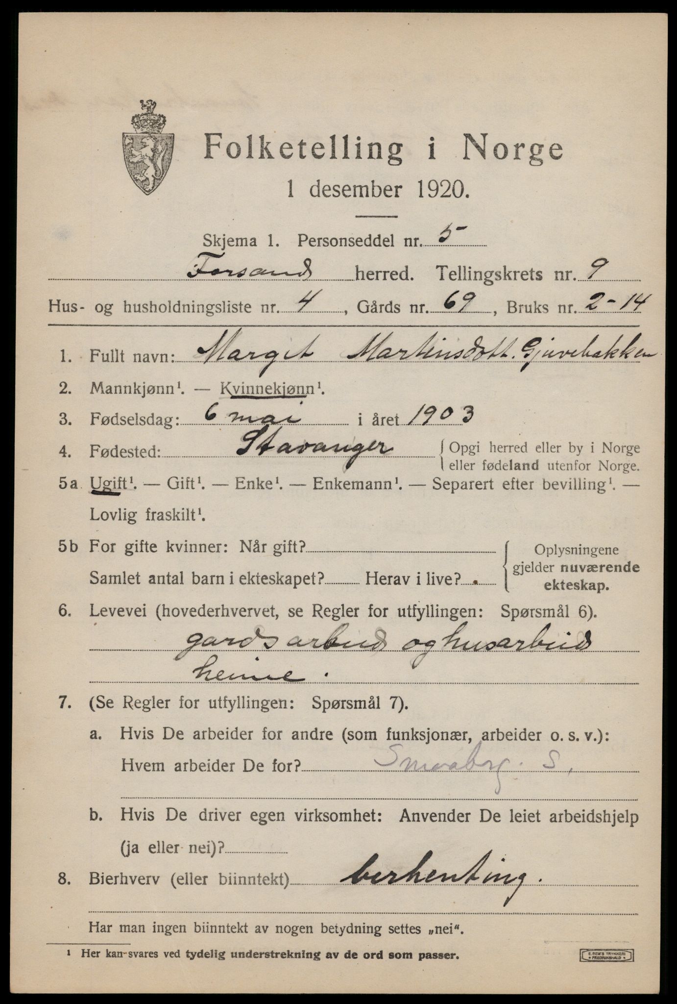SAST, Folketelling 1920 for 1129 Forsand herred, 1920, s. 4027