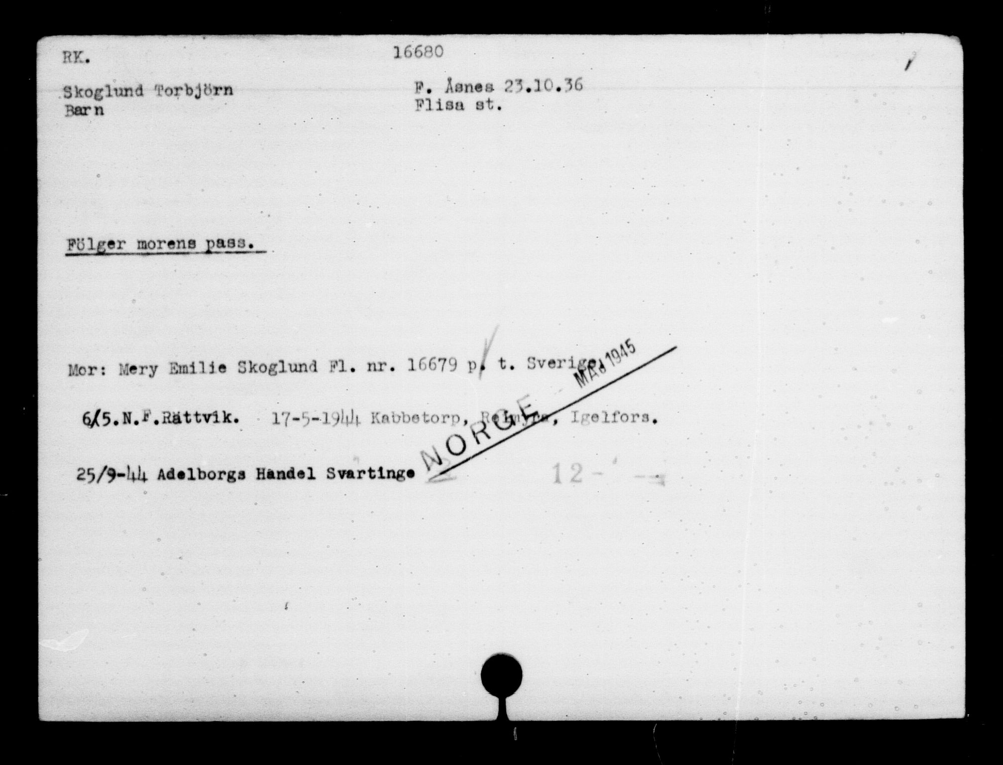 Utenriksstasjonene, Legasjonen i Stockholm, Flyktningkontoret, AV/RA-S-6753/V/Va/L0008: Kjesäterkartoteket, flyktninger med registreringsnr. 15700-18547, 1940-1945, s. 1062