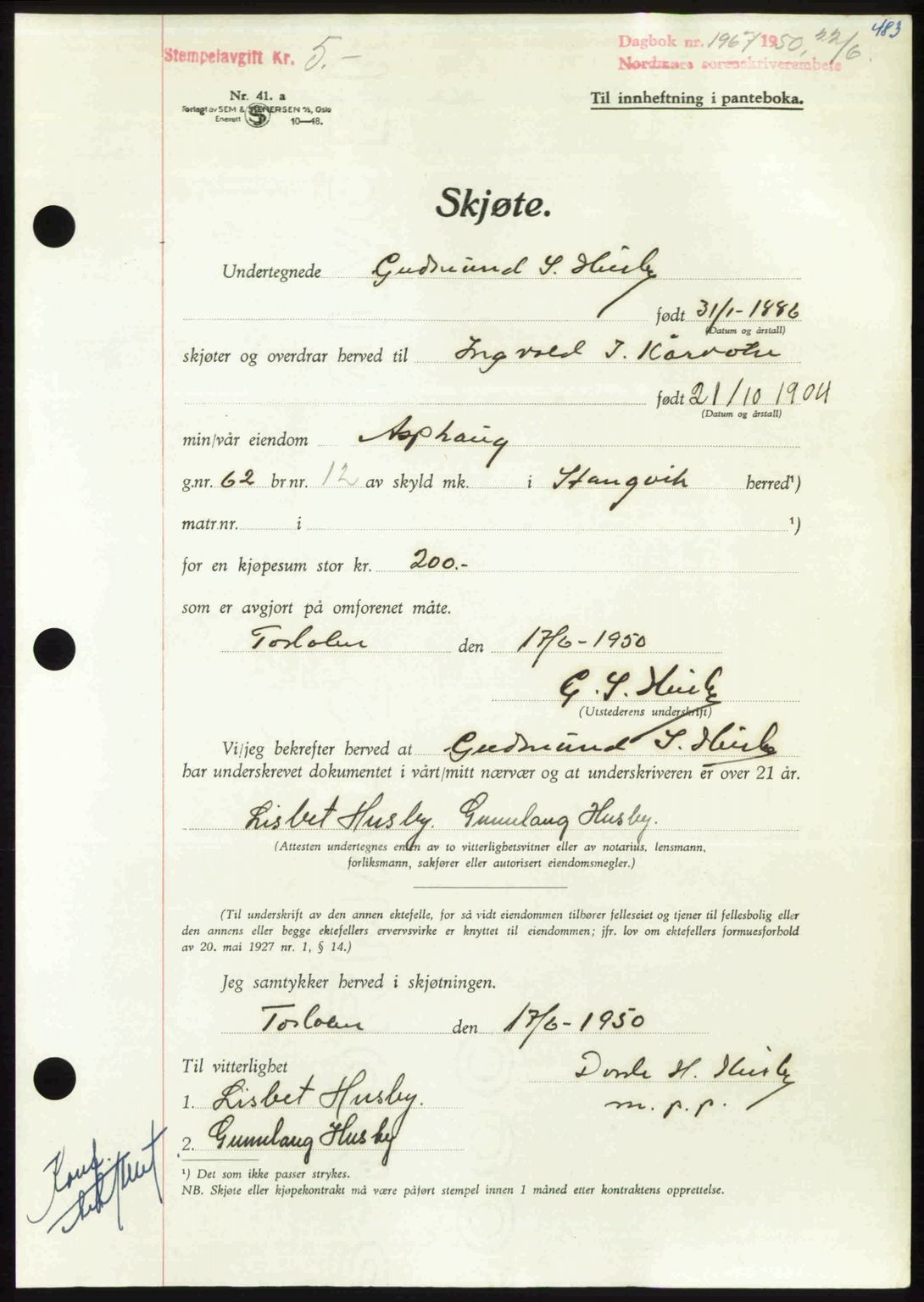 Nordmøre sorenskriveri, AV/SAT-A-4132/1/2/2Ca: Pantebok nr. A115, 1950-1950, Dagboknr: 1967/1950