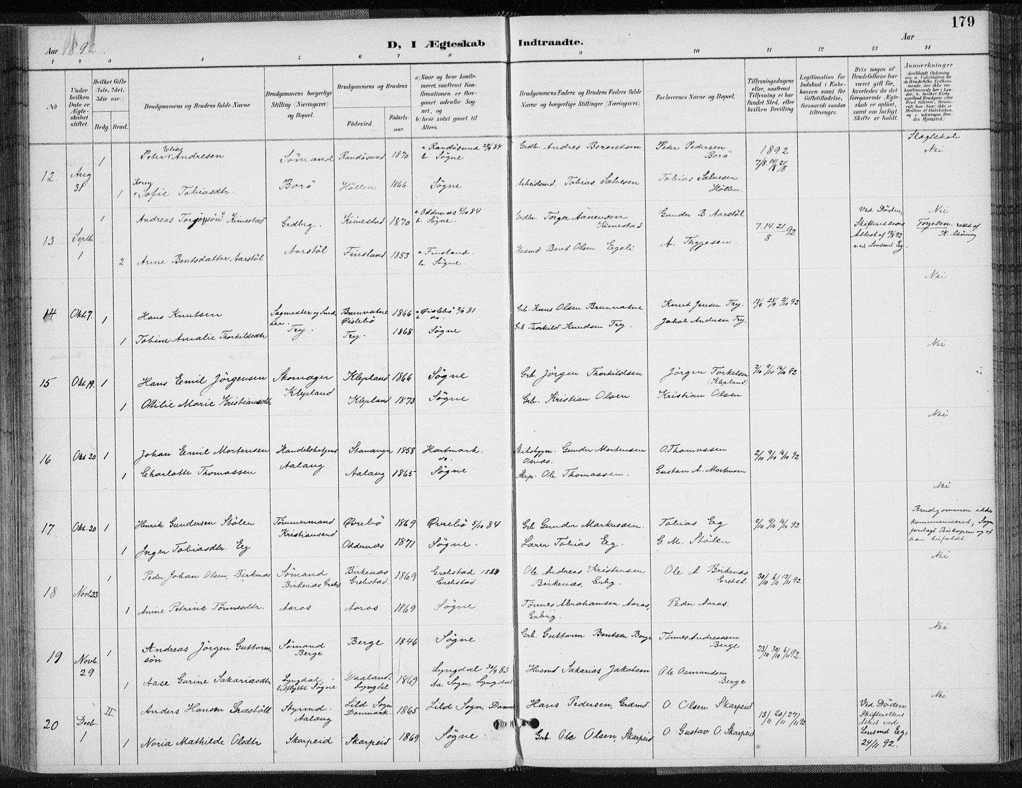 Søgne sokneprestkontor, AV/SAK-1111-0037/F/Fa/Fab/L0013: Ministerialbok nr. A 13, 1892-1911, s. 179