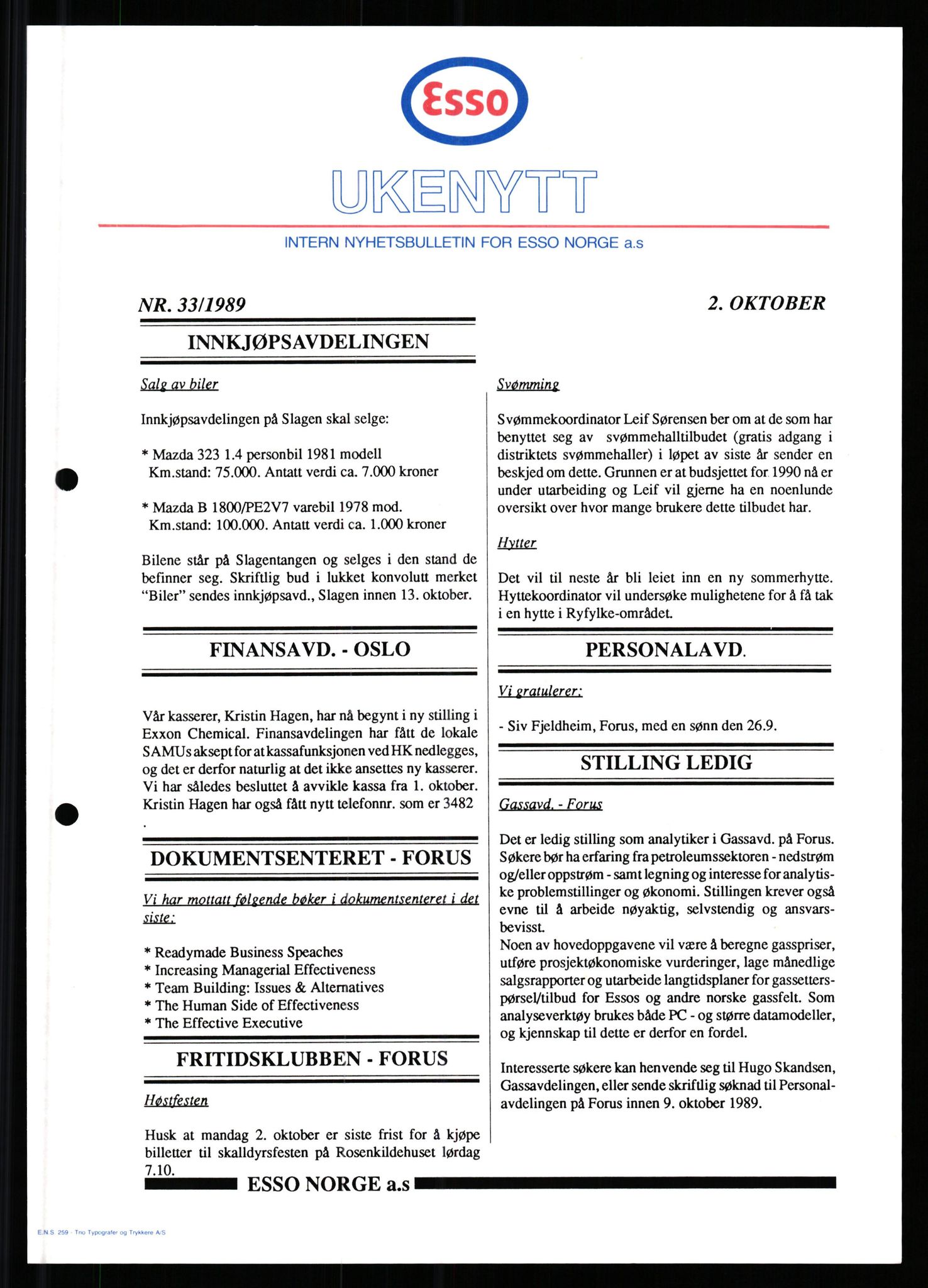 Pa 0982 - Esso Norge A/S, AV/SAST-A-100448/X/Xd/L0003: Ukenytt, 1987-1991