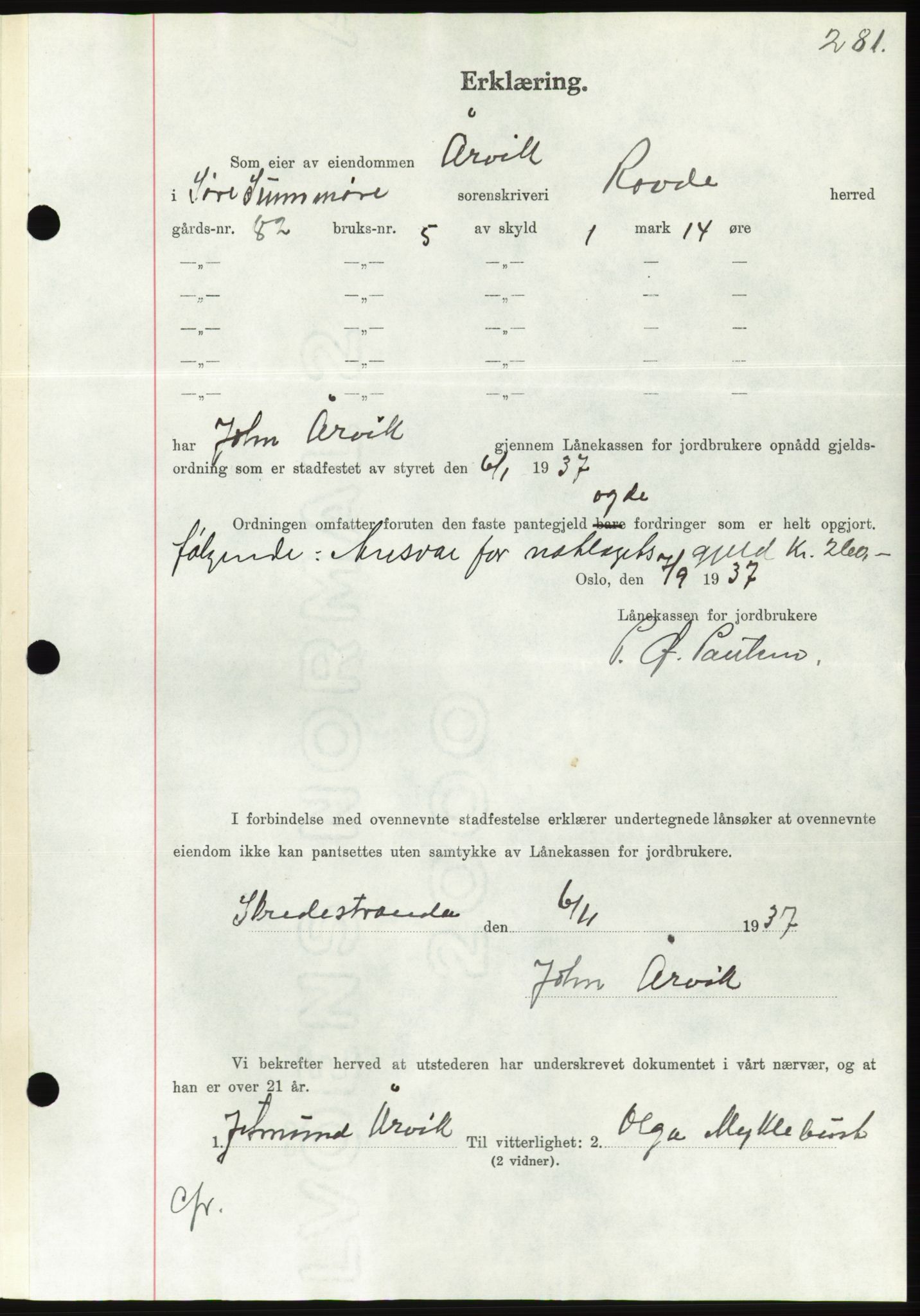 Søre Sunnmøre sorenskriveri, AV/SAT-A-4122/1/2/2C/L0064: Pantebok nr. 58, 1937-1938, Dagboknr: 1775/1937