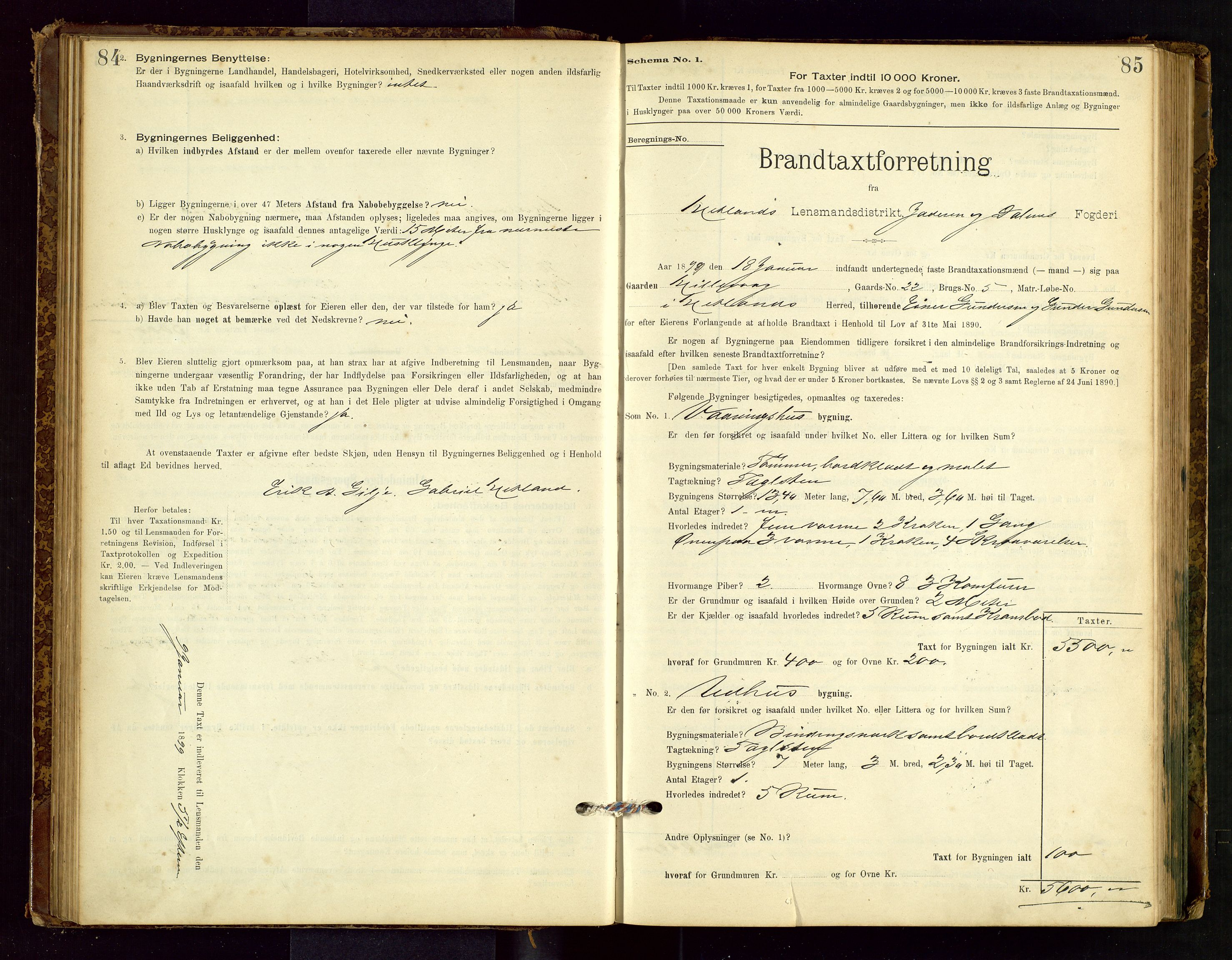 Hetland lensmannskontor, SAST/A-100101/Gob/L0001: "Brandtaxationsprotokol", 1895-1918, s. 84-85