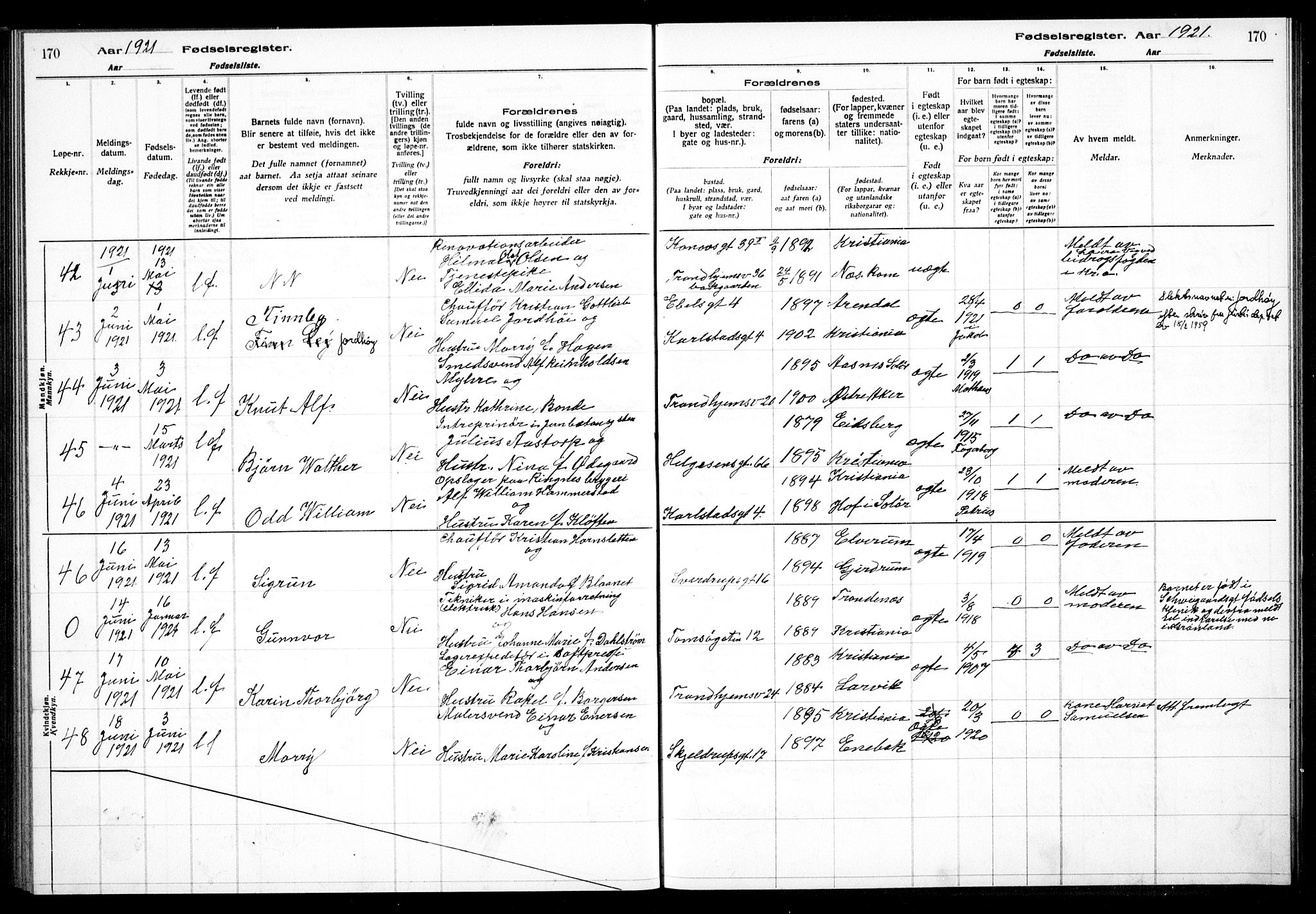 Petrus prestekontor Kirkebøker, AV/SAO-A-10872/J/Ja/L0001: Fødselsregister nr. 1, 1916-1922, s. 170
