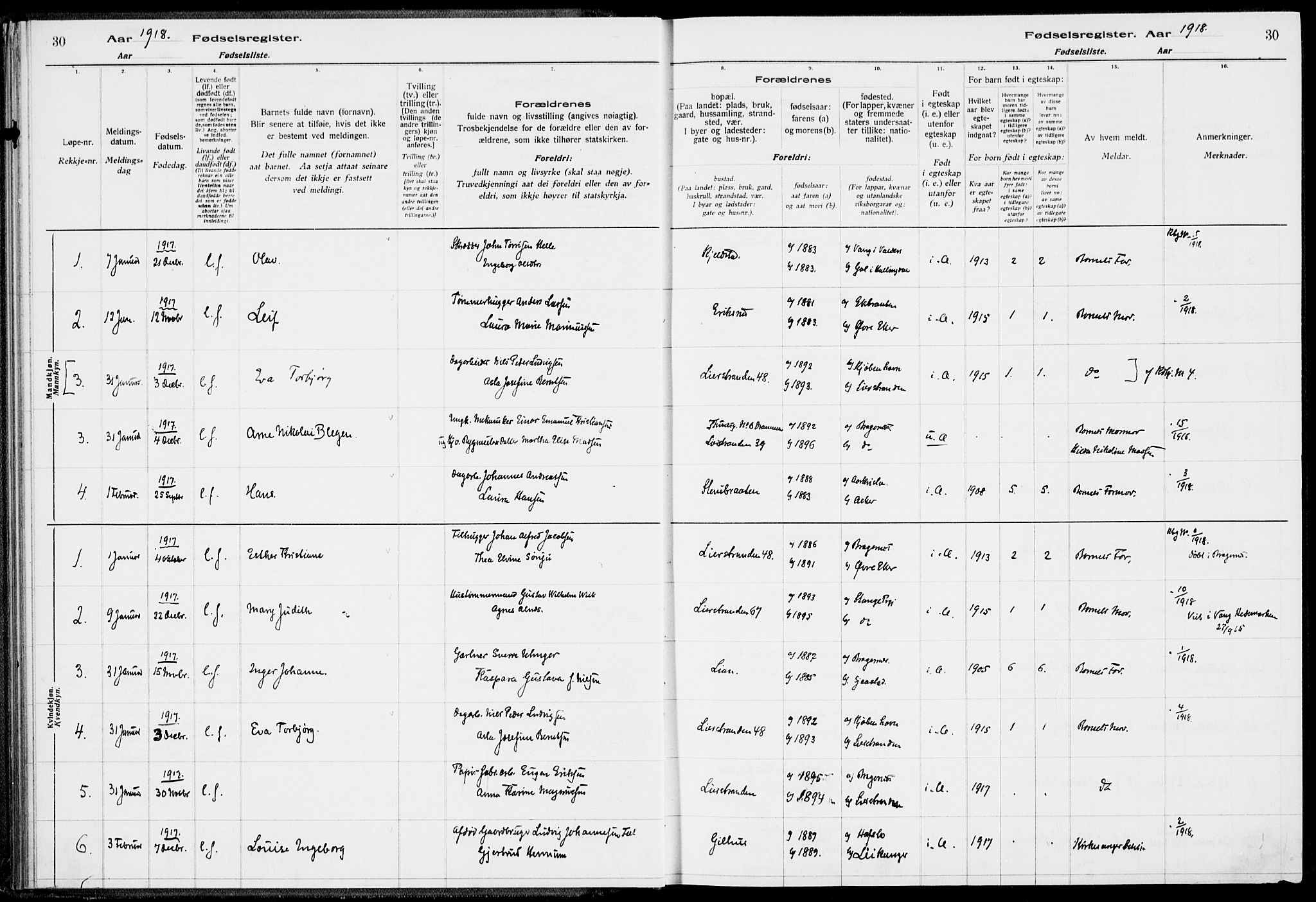 Lier kirkebøker, AV/SAKO-A-230/J/Ja/L0001: Fødselsregister nr. 1, 1916-1928, s. 30