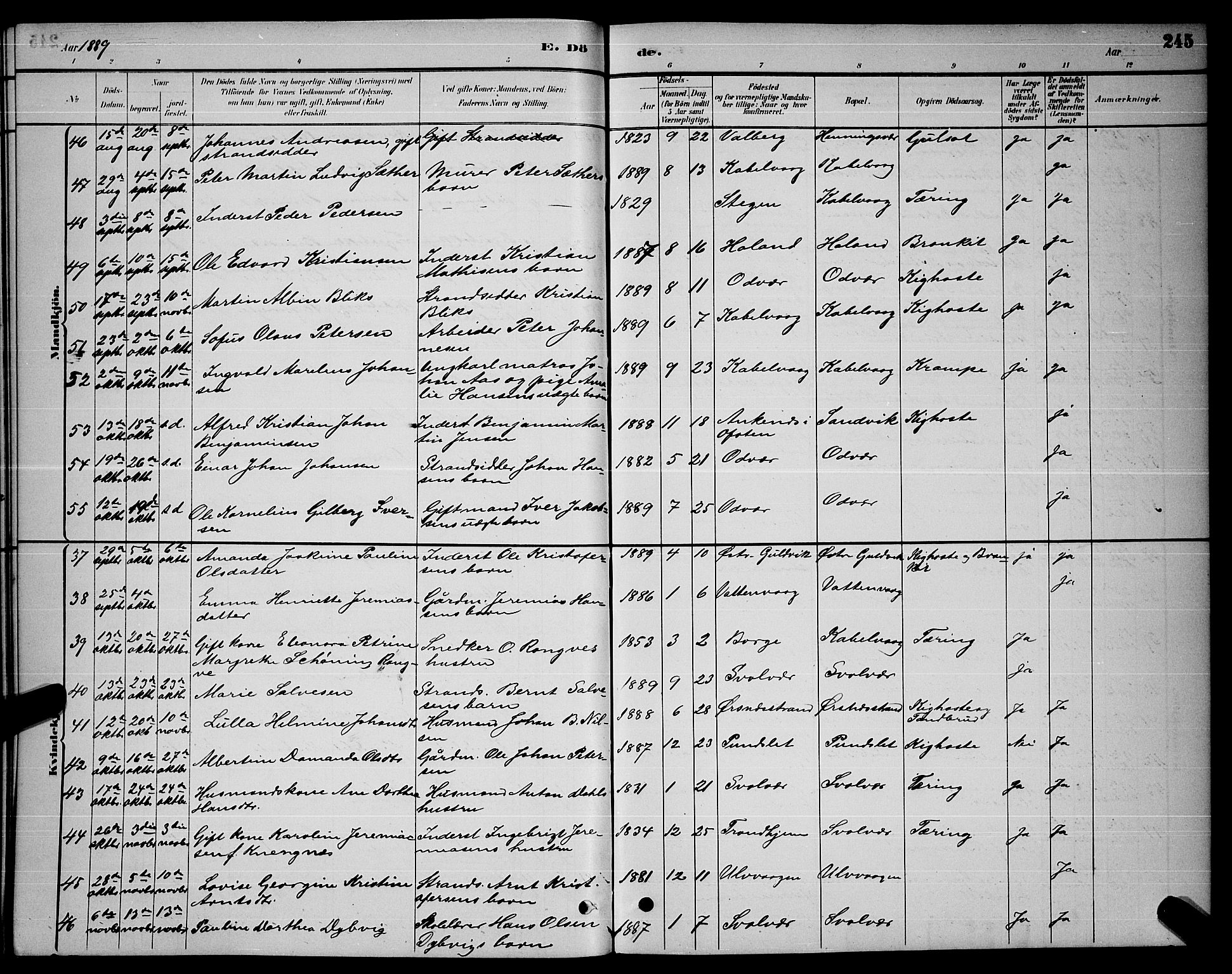 Ministerialprotokoller, klokkerbøker og fødselsregistre - Nordland, AV/SAT-A-1459/874/L1076: Klokkerbok nr. 874C05, 1884-1890, s. 245