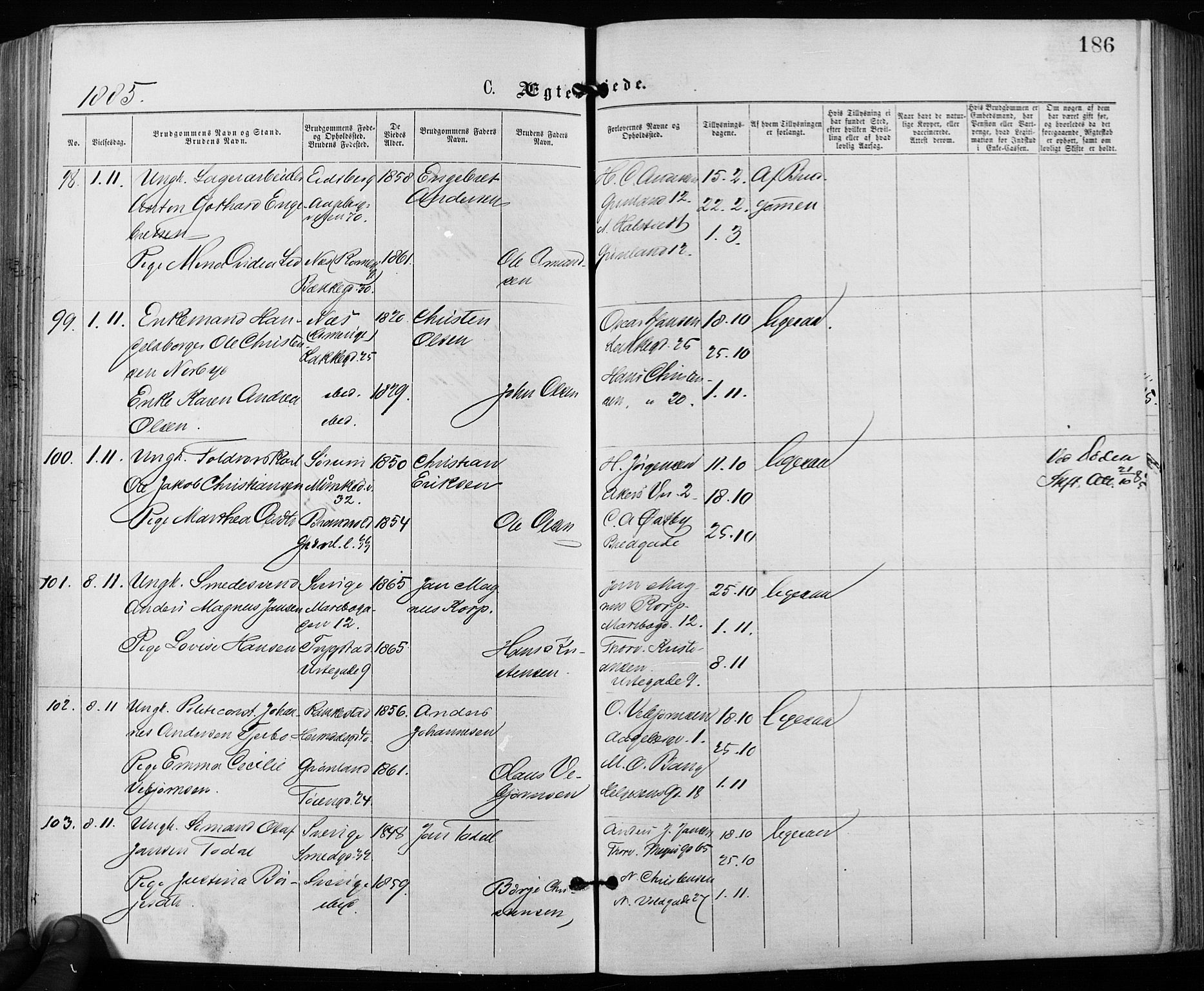 Grønland prestekontor Kirkebøker, SAO/A-10848/F/Fa/L0006: Ministerialbok nr. 6, 1877-1886, s. 186