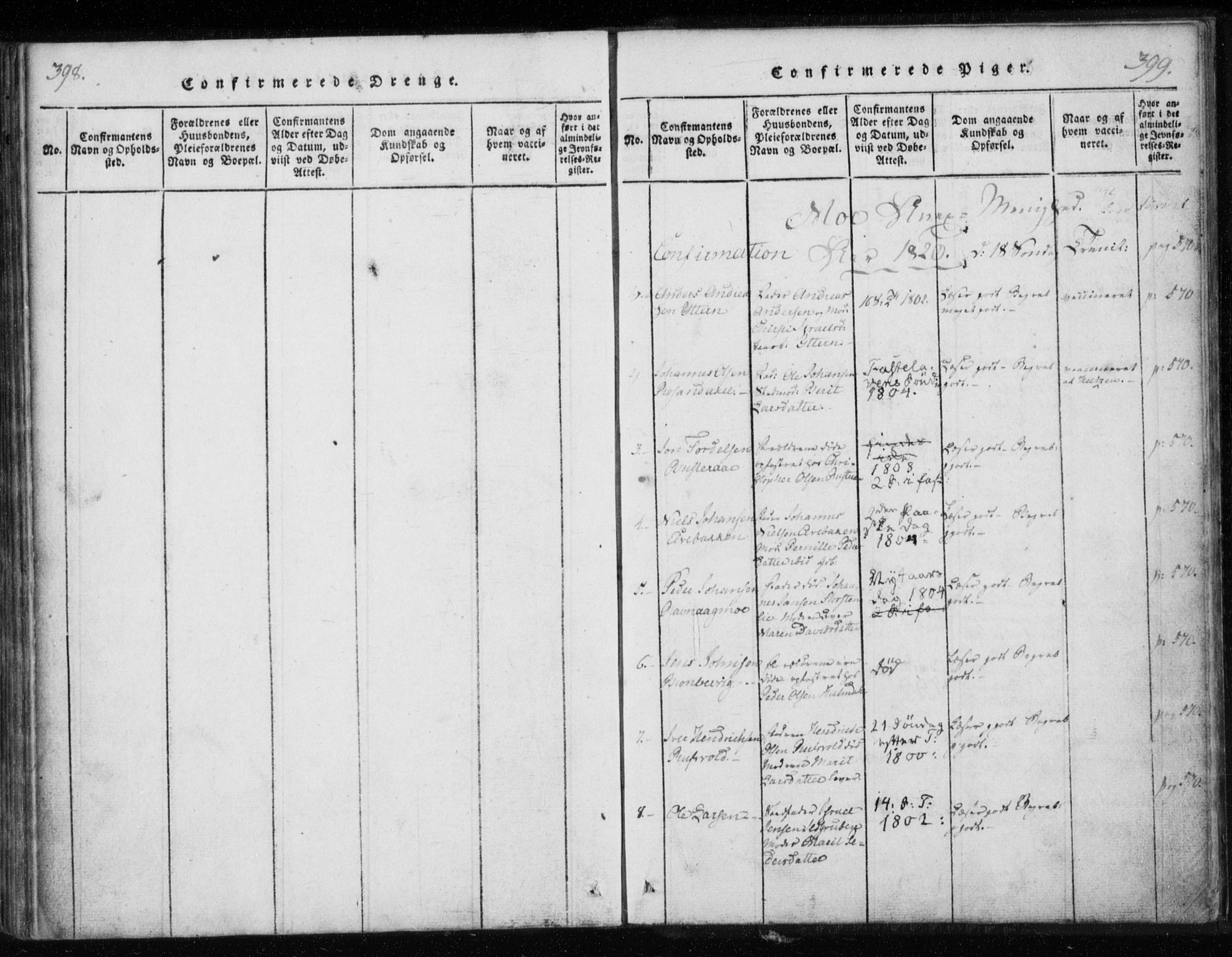 Ministerialprotokoller, klokkerbøker og fødselsregistre - Nordland, AV/SAT-A-1459/825/L0353: Ministerialbok nr. 825A07, 1820-1826, s. 398-399