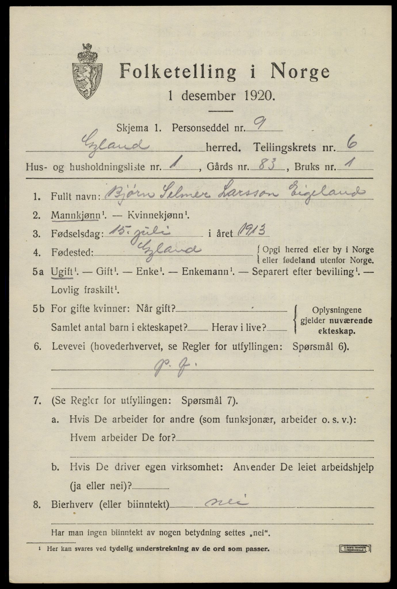 SAK, Folketelling 1920 for 1044 Gyland herred, 1920, s. 1336