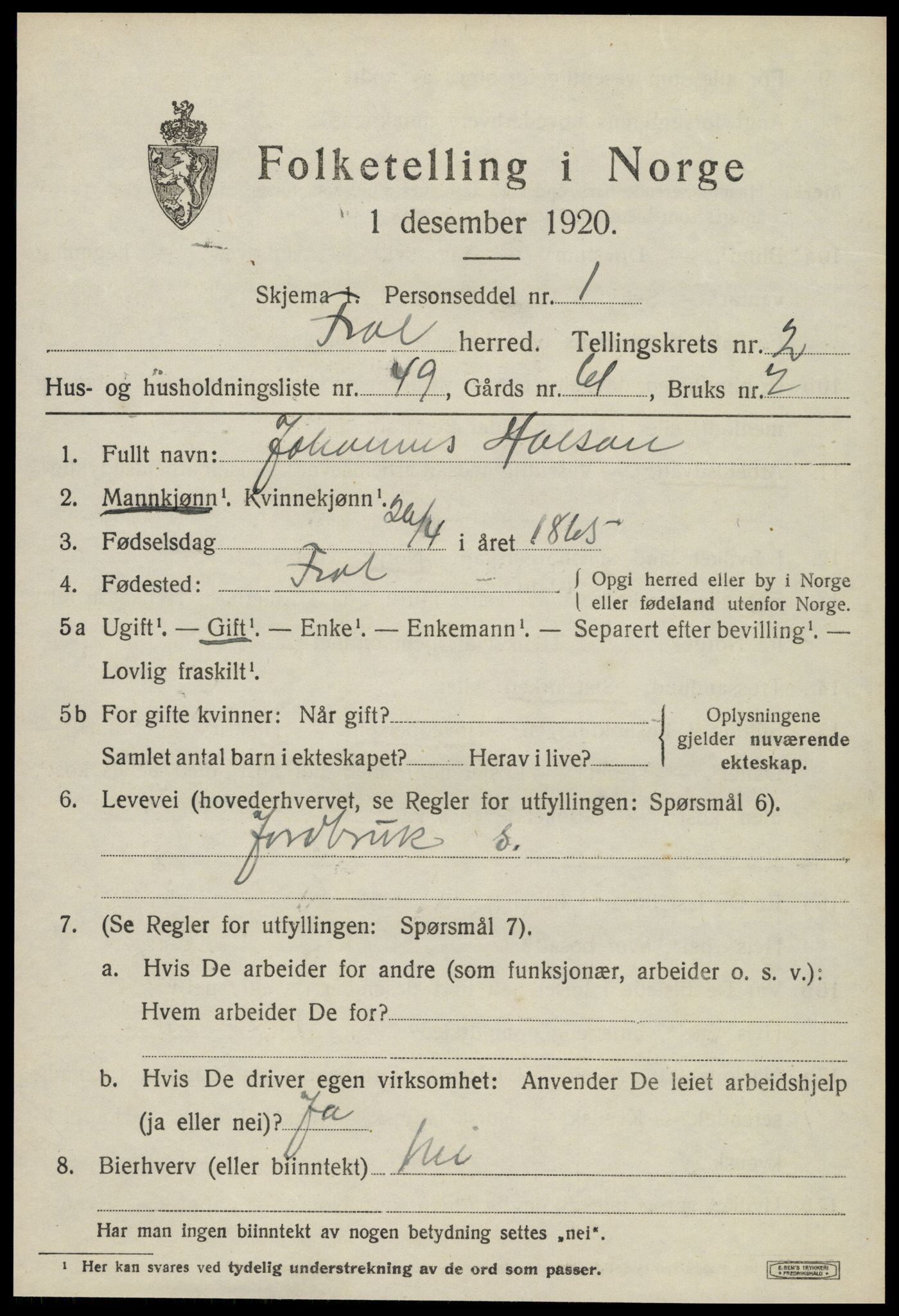 SAT, Folketelling 1920 for 1720 Frol herred, 1920, s. 2815