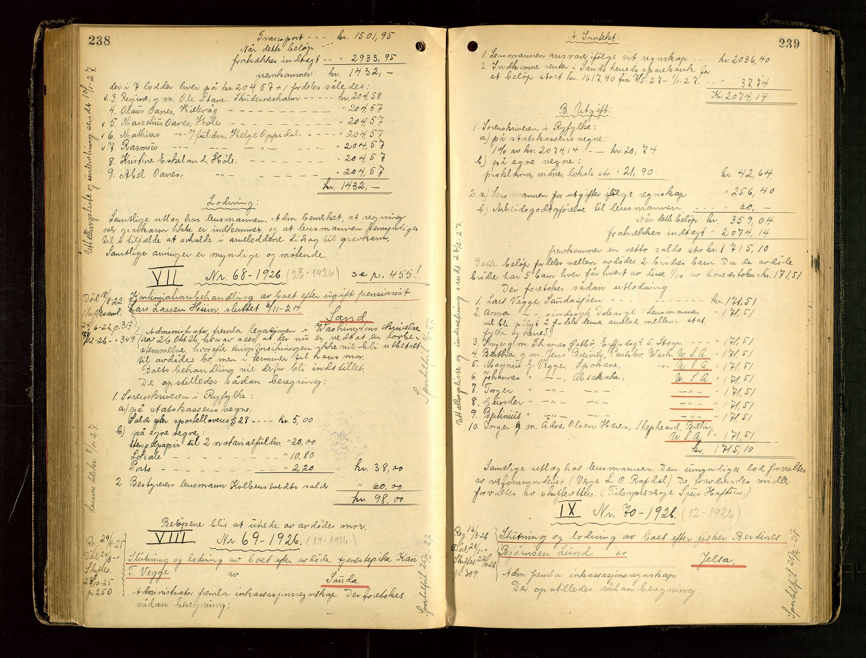 Ryfylke tingrett, AV/SAST-A-100055/001/IV/IVG/L0006: Skifteutlodningsprotokoll Med register, 1924-1929, s. 238-239