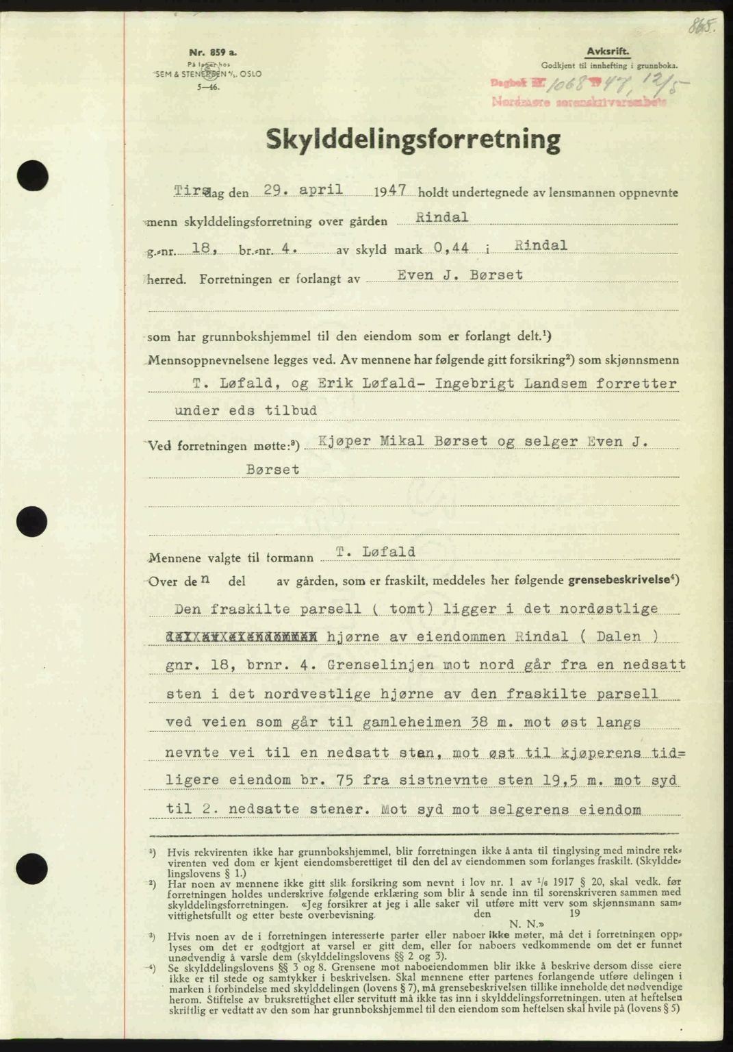 Nordmøre sorenskriveri, SAT/A-4132/1/2/2Ca: Pantebok nr. A104, 1947-1947, Dagboknr: 1068/1947