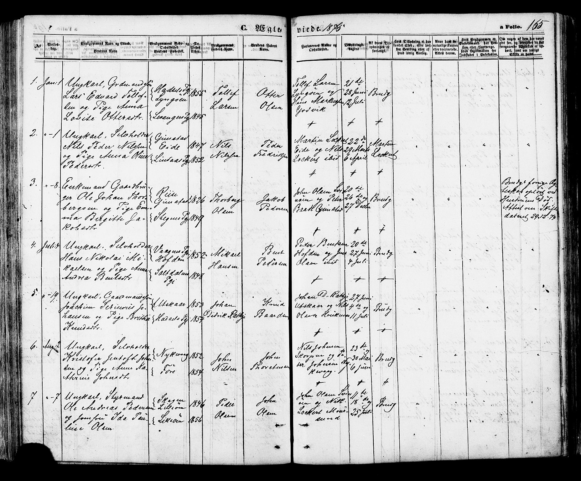 Ministerialprotokoller, klokkerbøker og fødselsregistre - Nordland, AV/SAT-A-1459/891/L1301: Ministerialbok nr. 891A06, 1870-1878, s. 165