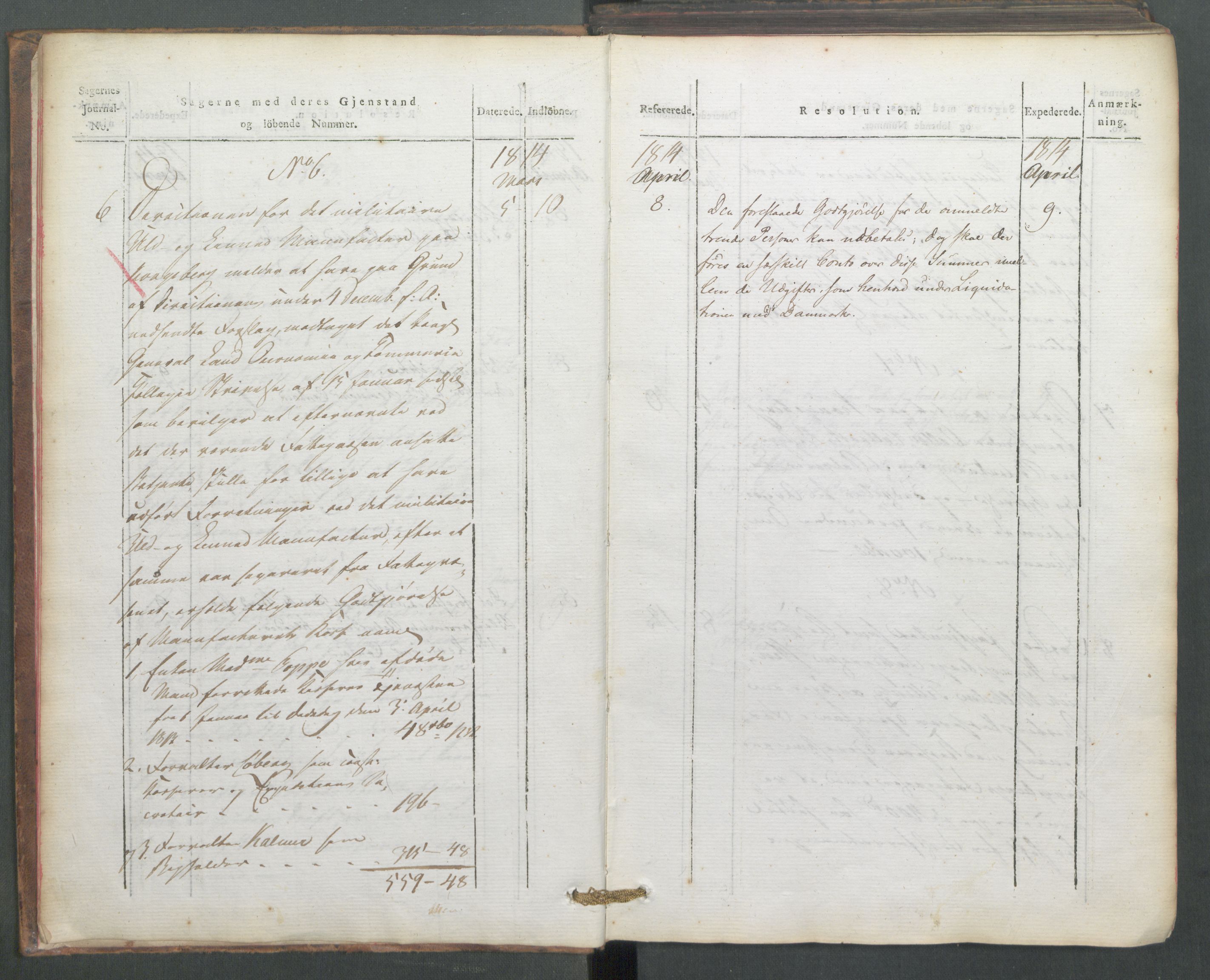 Departementene i 1814, RA/S-3899/Fe/L0054: Journal, 1814