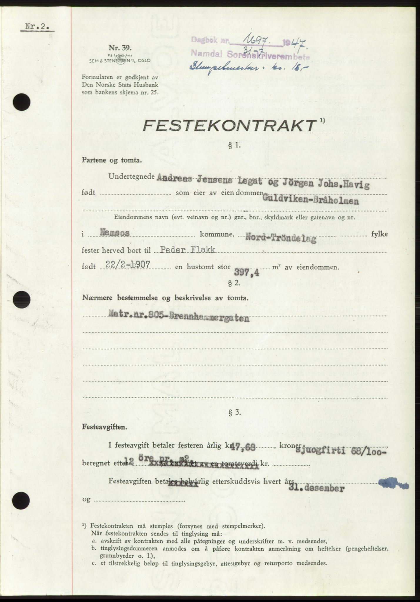 Namdal sorenskriveri, SAT/A-4133/1/2/2C: Pantebok nr. -, 1947-1947, Dagboknr: 1697/1947