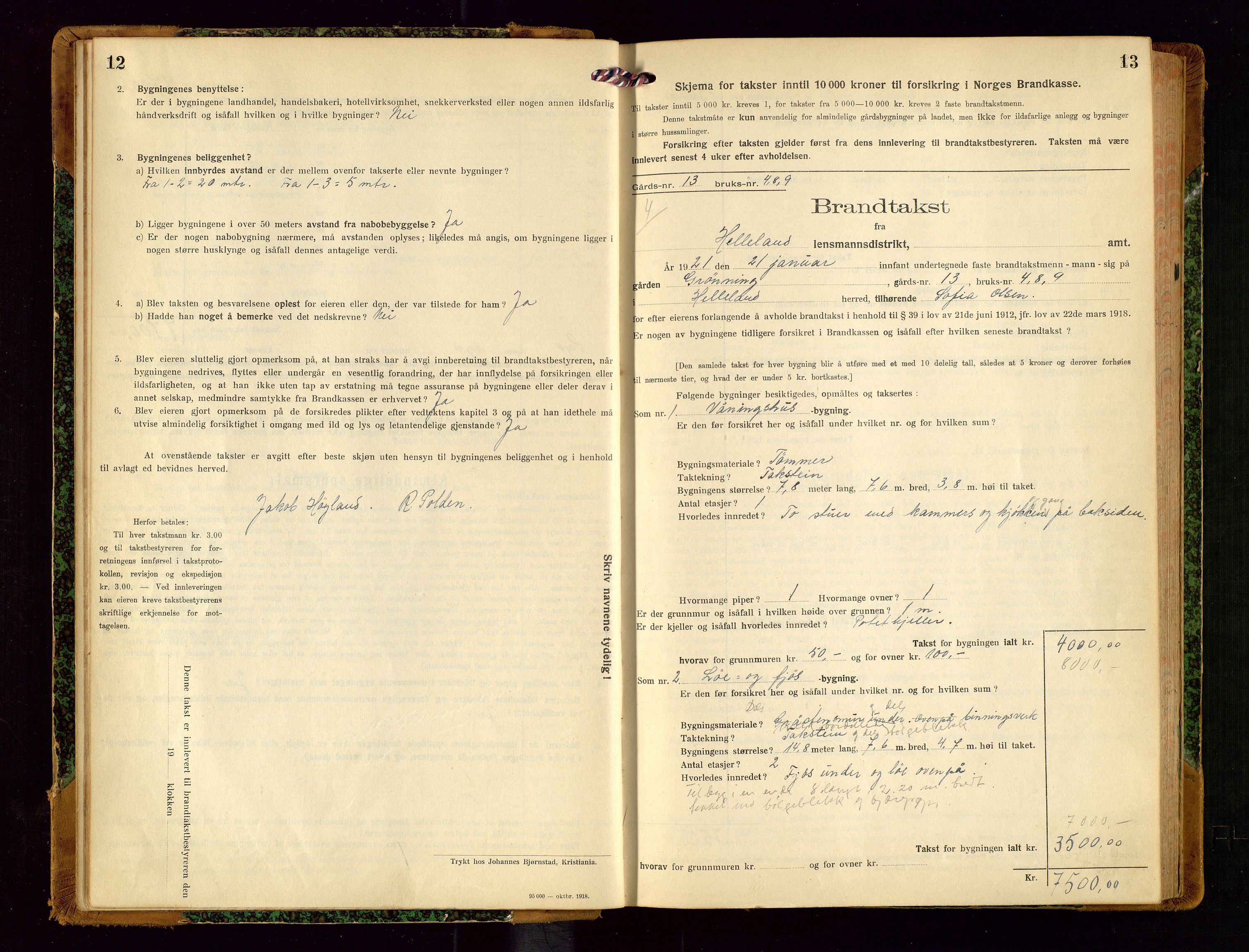 Helleland lensmannskontor, AV/SAST-A-100209/Gob/L0002: "Brandtakstprotokoll", 1921-1930, s. 12-13