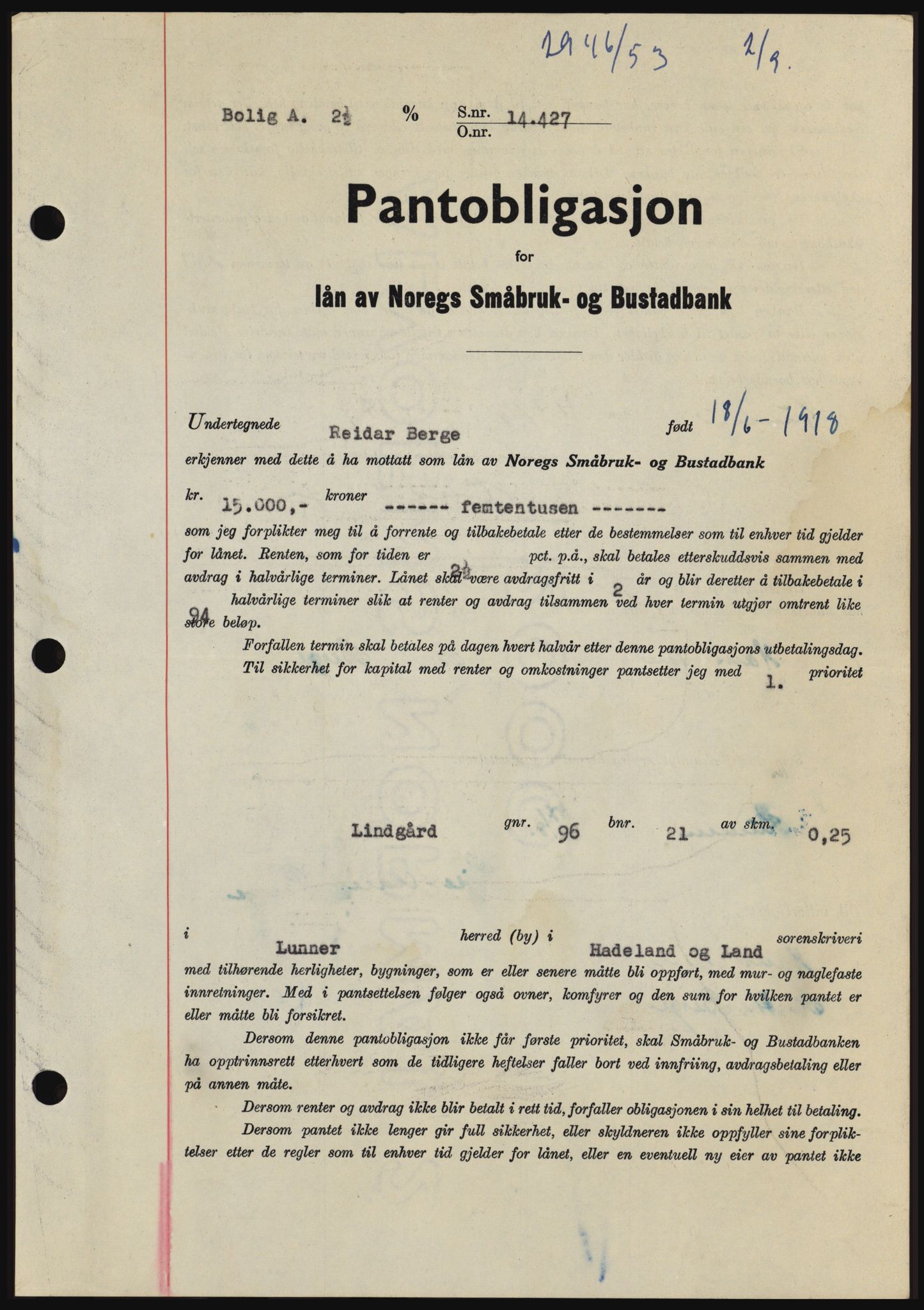 Hadeland og Land tingrett, SAH/TING-010/H/Hb/Hbc/L0027: Pantebok nr. B27, 1953-1953, Dagboknr: 2946/1953