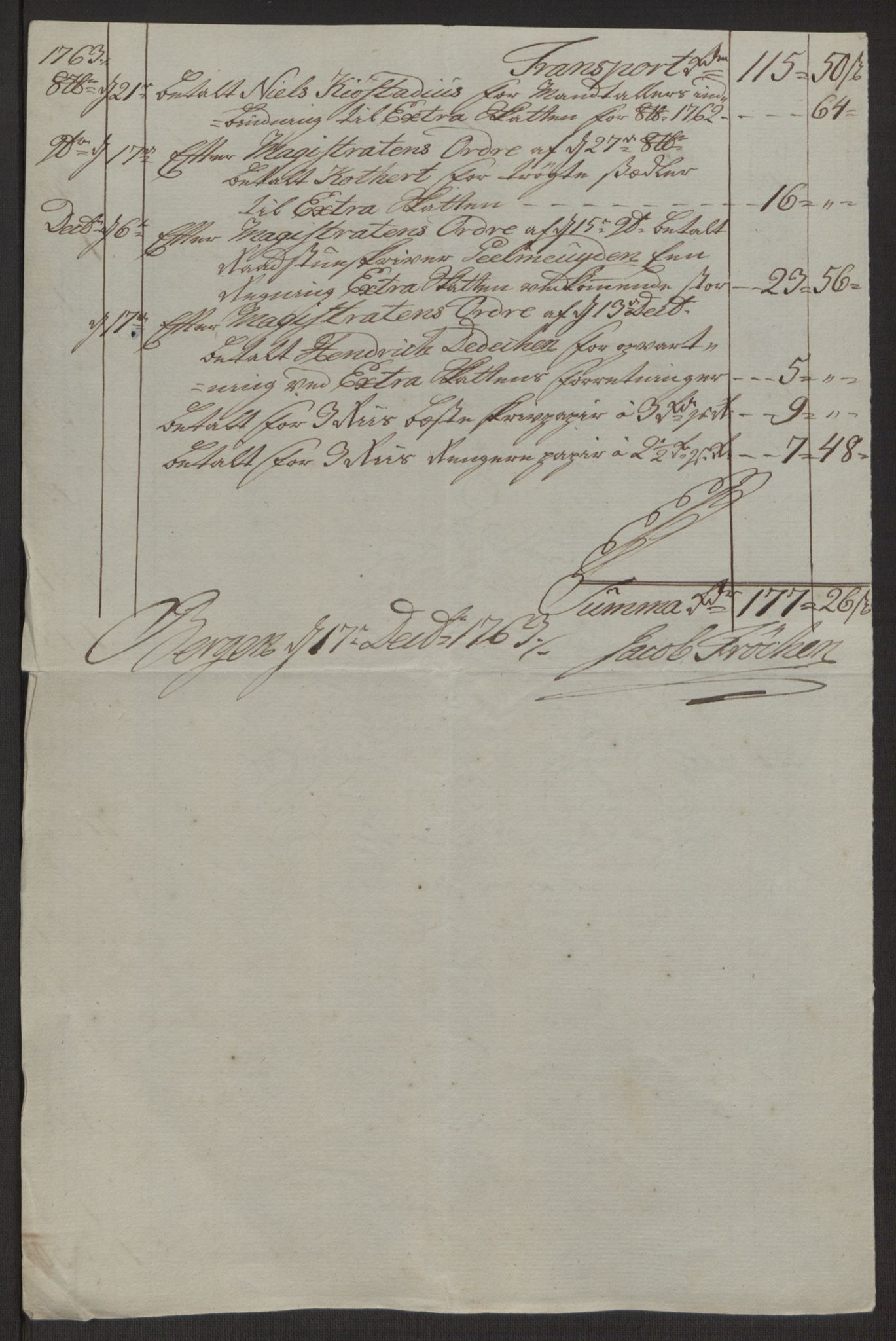 Rentekammeret inntil 1814, Reviderte regnskaper, Byregnskaper, RA/EA-4066/R/Rp/L0366/0001: [P20] Kontribusjonsregnskap / Ekstraskatt, 1763, s. 41