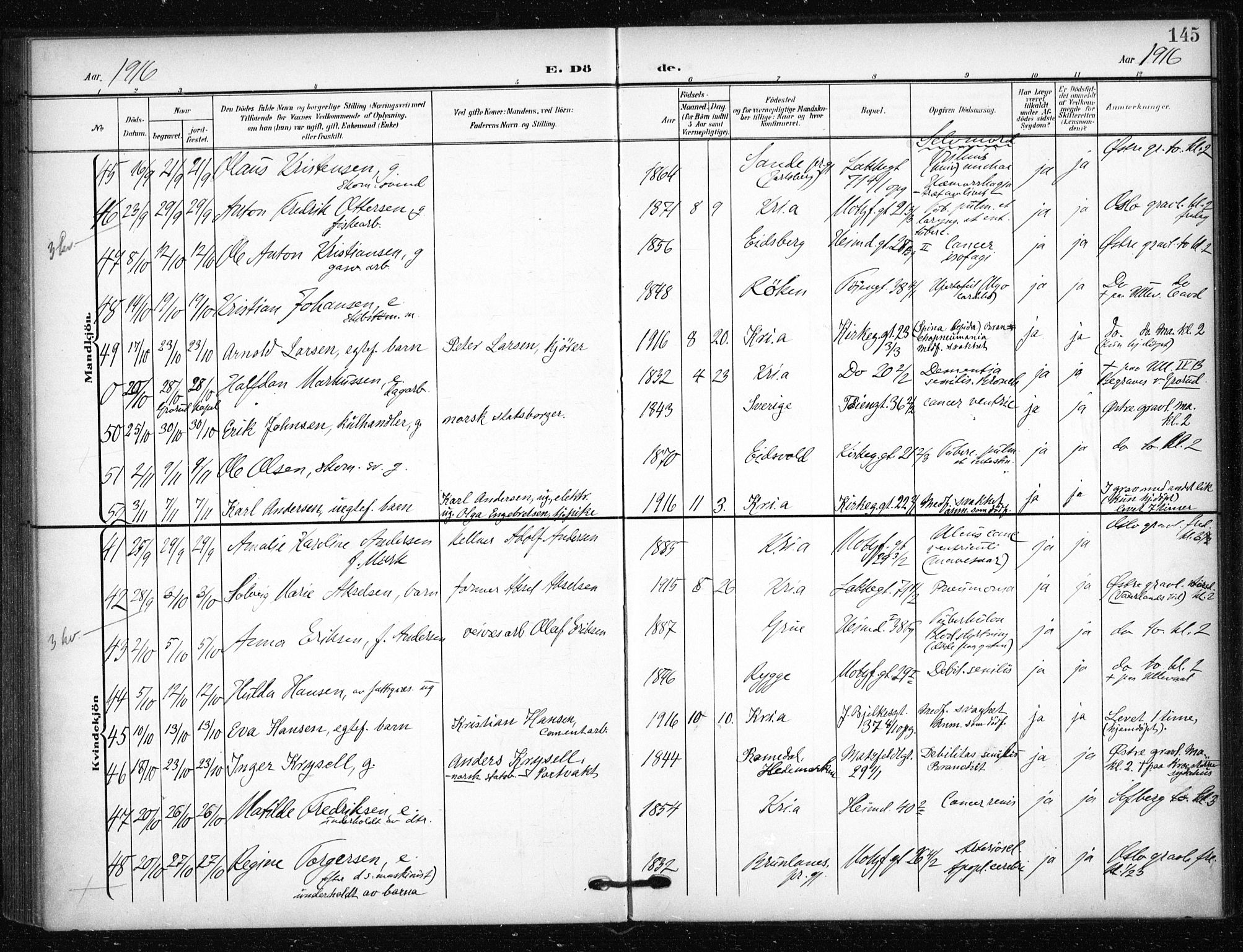 Tøyen prestekontor Kirkebøker, AV/SAO-A-10167a/F/Fa/L0002: Ministerialbok nr. I 2, 1907-1916, s. 145