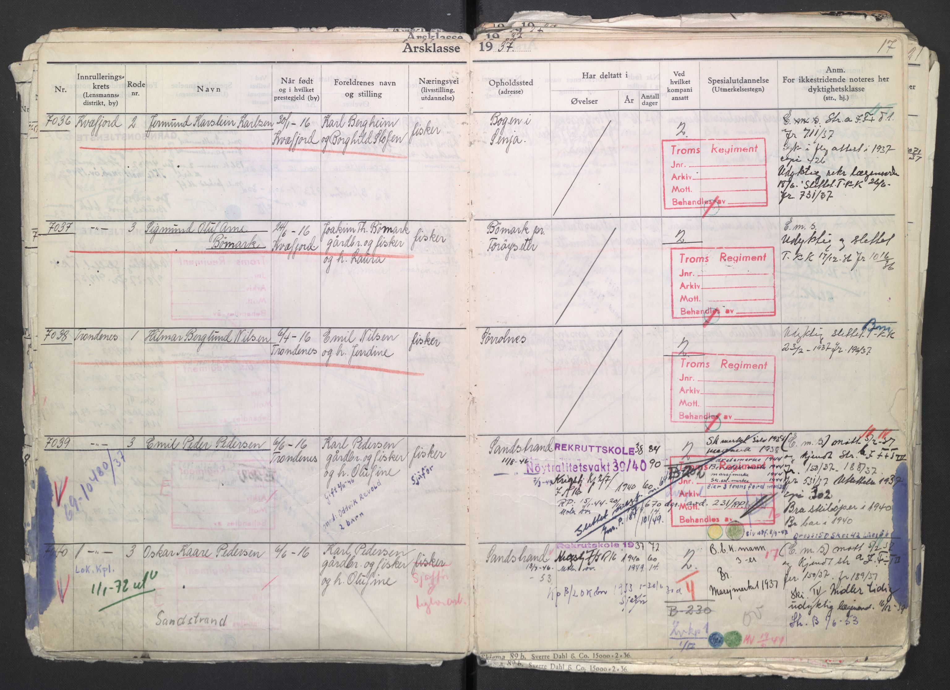 Forsvaret, Troms infanteriregiment nr. 16, AV/RA-RAFA-3146/P/Pa/L0007/0002: Ruller / Rulle for regimentets menige mannskaper, årsklasse 1937, 1937, s. 17