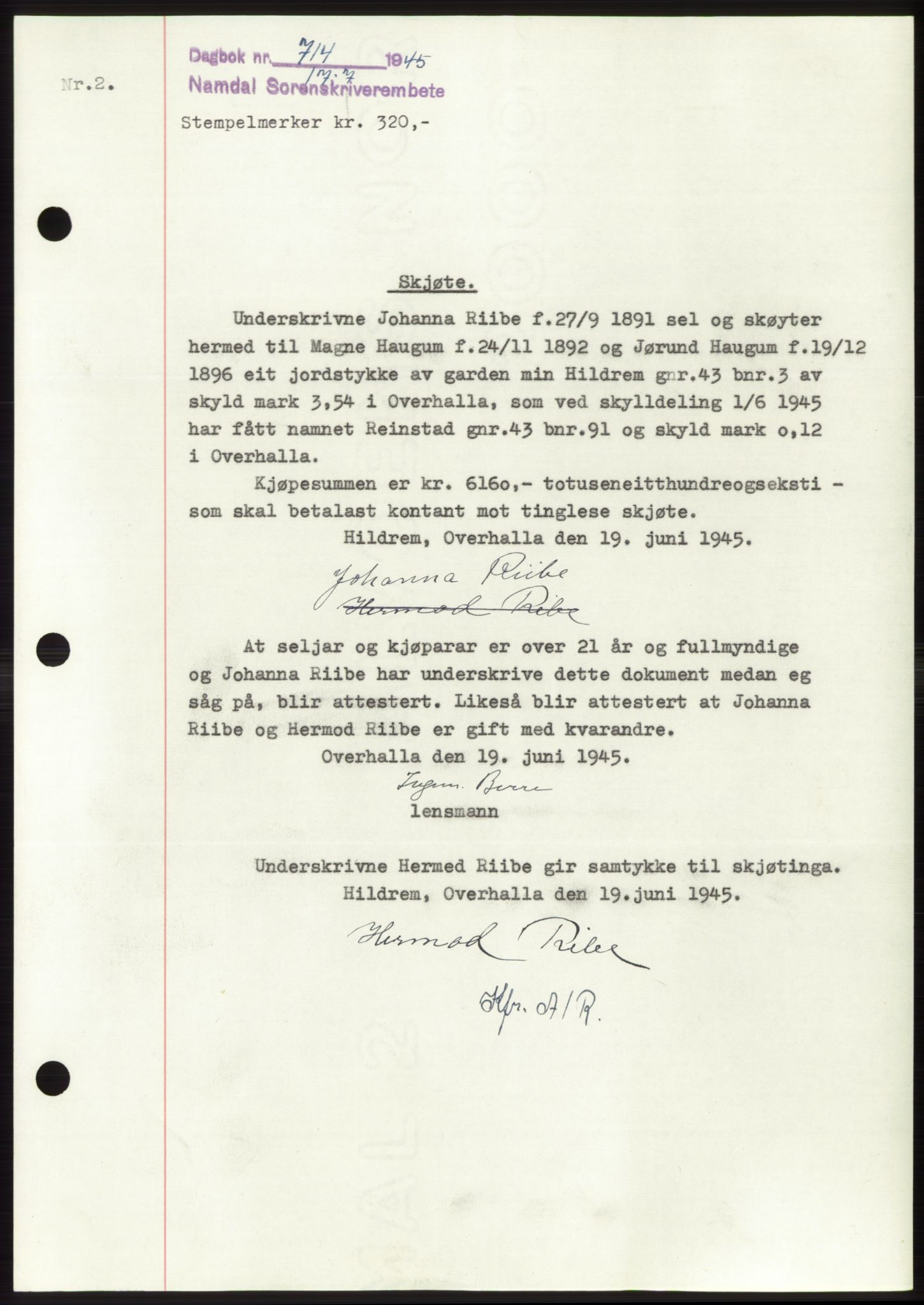 Namdal sorenskriveri, SAT/A-4133/1/2/2C: Pantebok nr. -, 1944-1945, Dagboknr: 714/1945