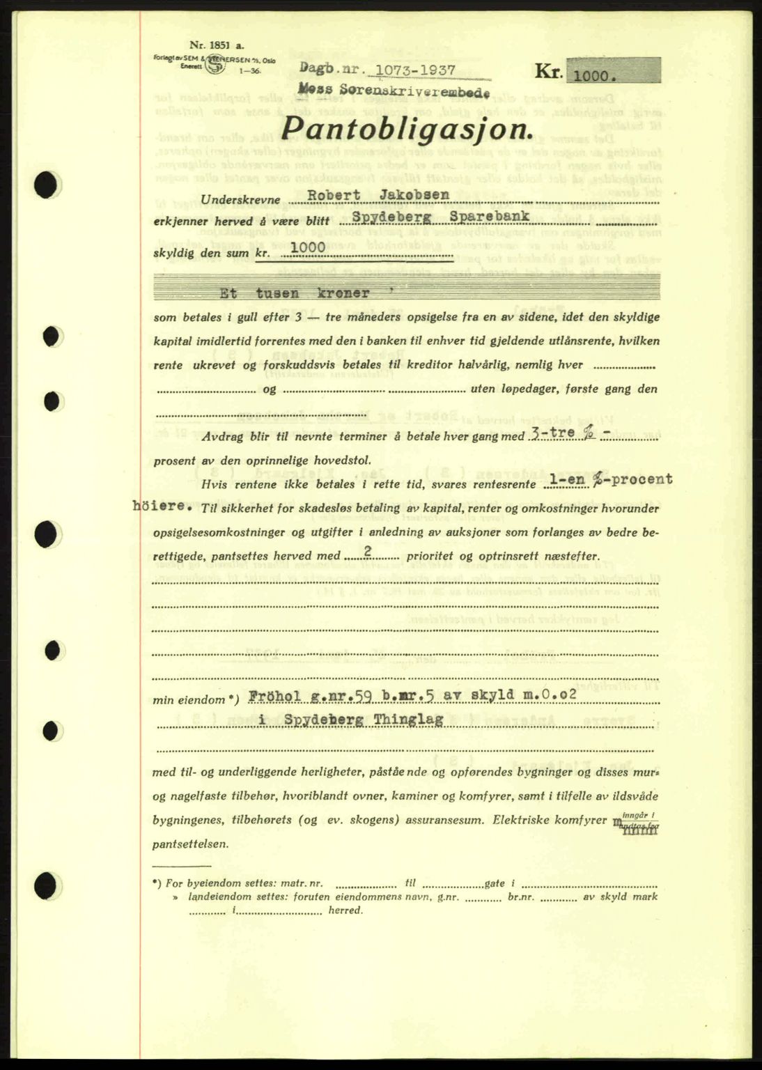 Moss sorenskriveri, SAO/A-10168: Pantebok nr. B3, 1937-1937, Dagboknr: 1073/1937