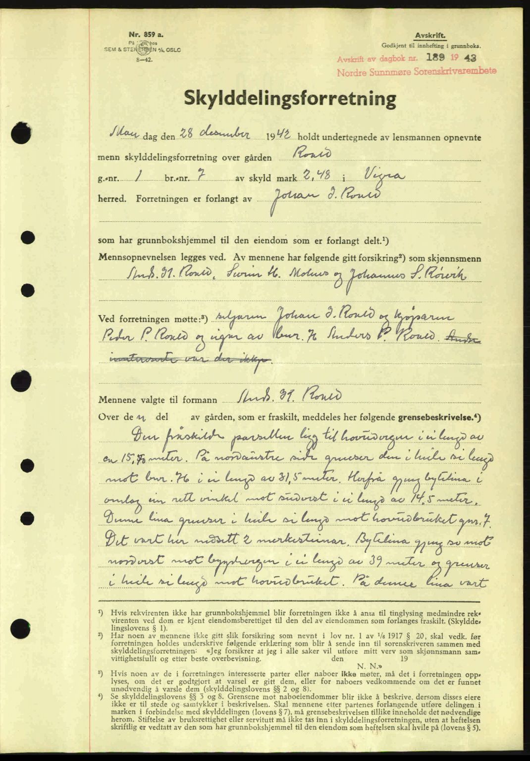 Nordre Sunnmøre sorenskriveri, AV/SAT-A-0006/1/2/2C/2Ca: Pantebok nr. A15, 1942-1943, Dagboknr: 189/1943