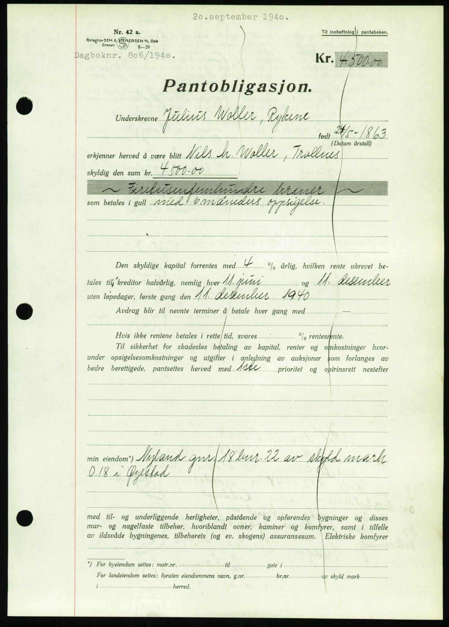 Nedenes sorenskriveri, SAK/1221-0006/G/Gb/Gbb/L0001: Pantebok nr. I, 1939-1942, Dagboknr: 806/1940