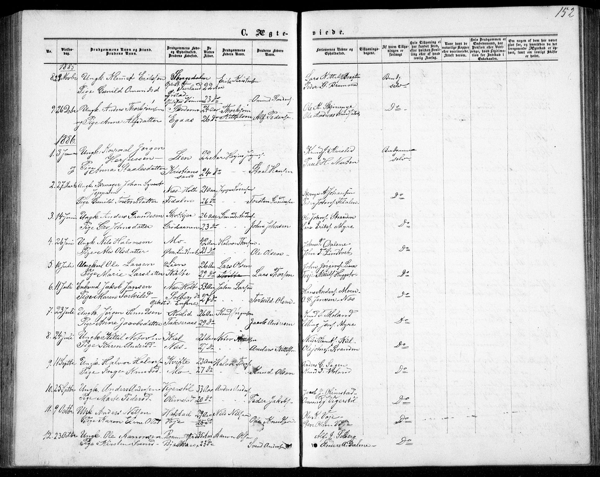 Gjerstad sokneprestkontor, SAK/1111-0014/F/Fb/Fbb/L0003: Klokkerbok nr. B 3, 1862-1889, s. 152