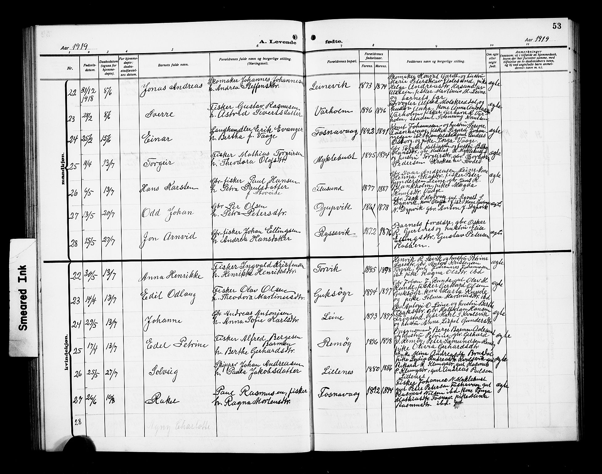 Ministerialprotokoller, klokkerbøker og fødselsregistre - Møre og Romsdal, AV/SAT-A-1454/507/L0083: Klokkerbok nr. 507C06, 1912-1919, s. 53